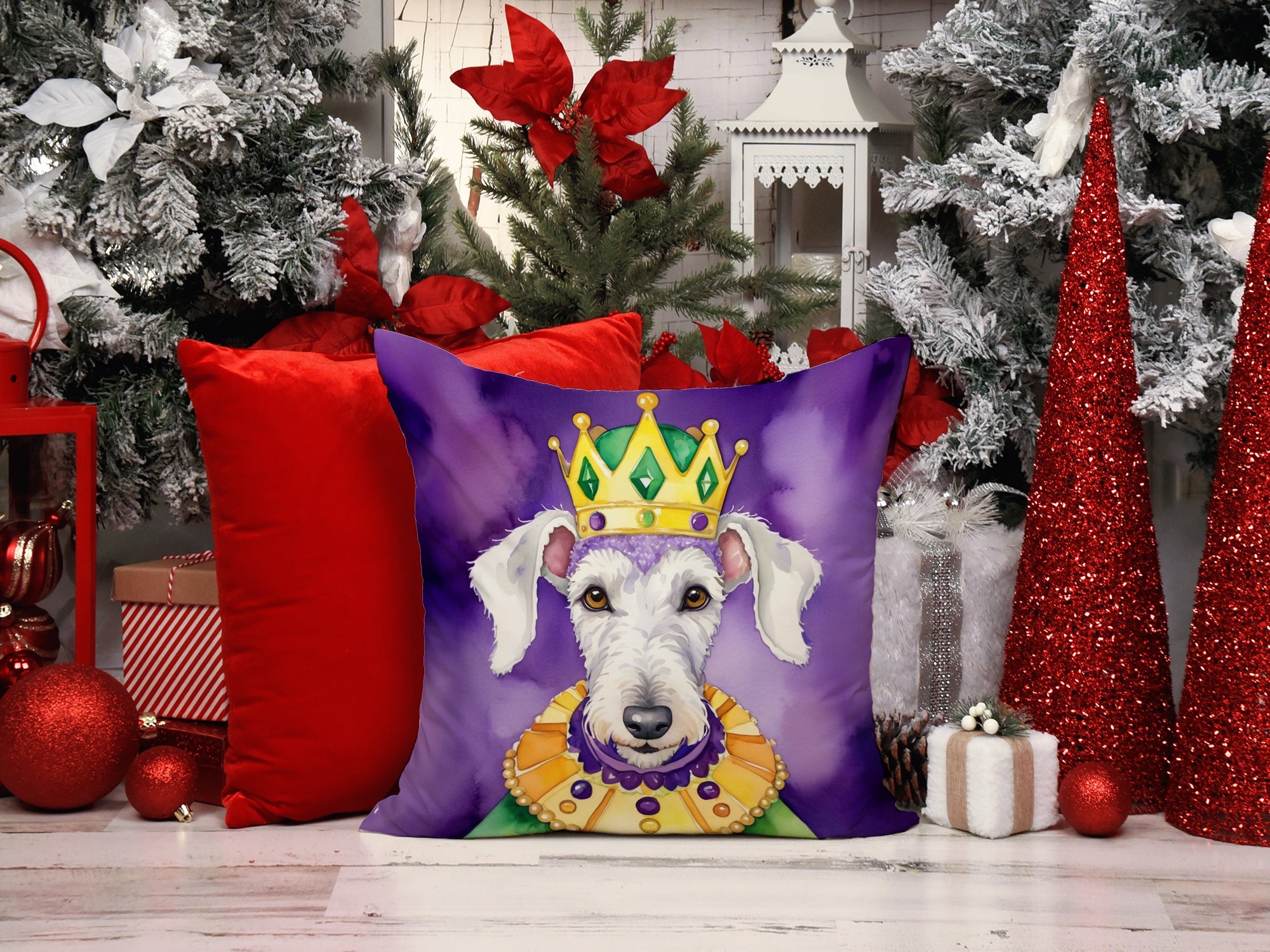 Bedlington Terrier King of Mardi Gras Decorative Throw Pillow 18x18 Indoor Outdoor Accent Cushion, Fabric Cover with Insert for Sofa, Bed, Porch & Living Room