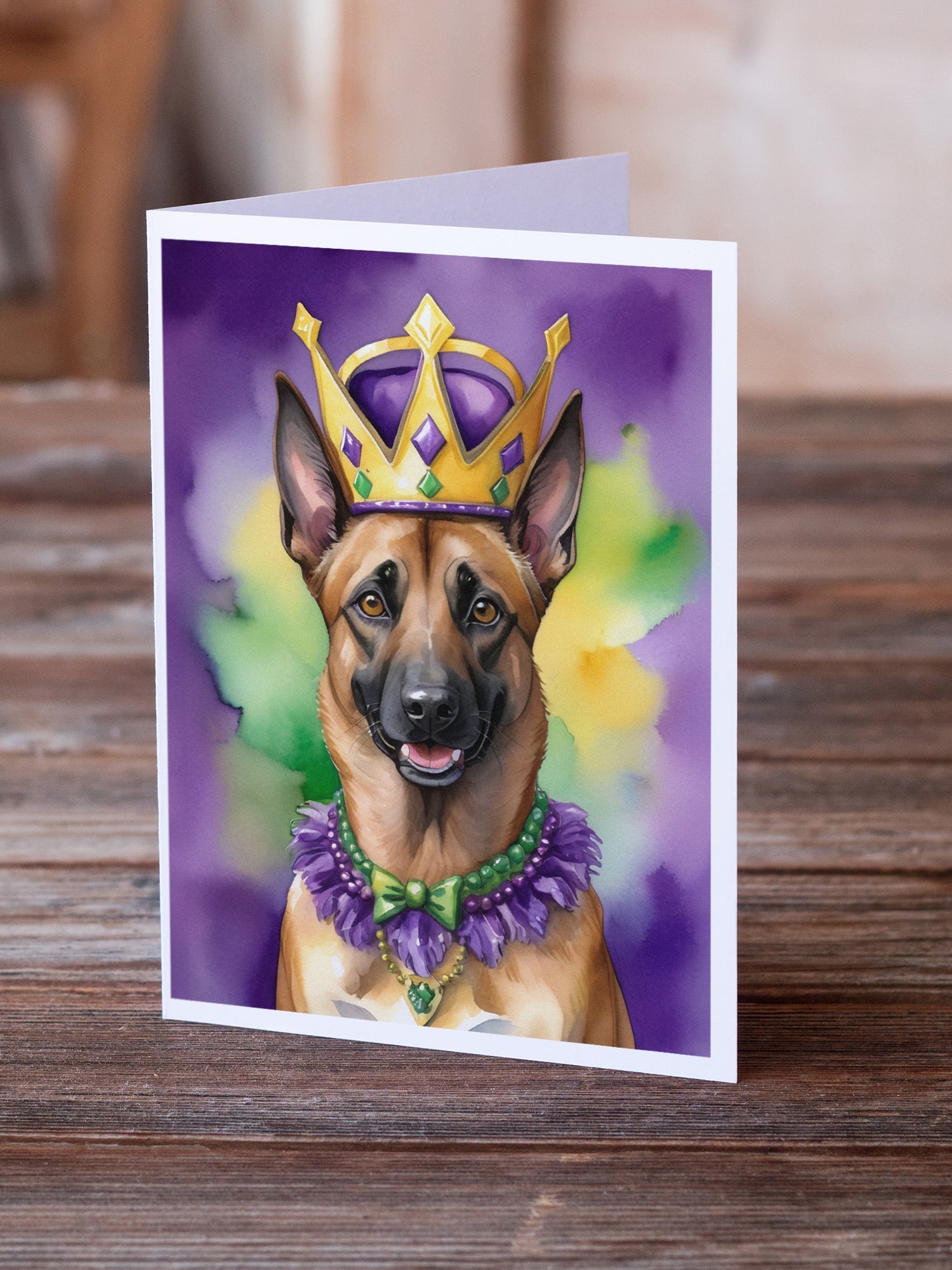 Belgian Malinois King of Mardi Gras Greeting Cards Pack of 8 Blank Cards with Envelopes Whimsical A7 Size 5x7