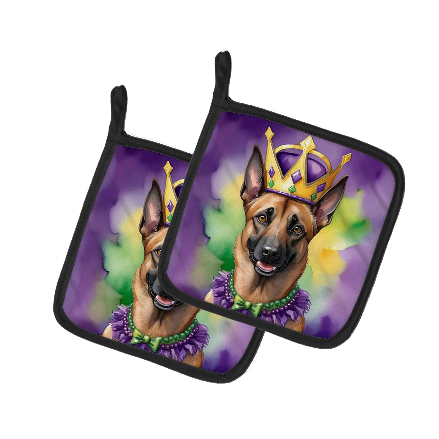 Belgian Malinois King of Mardi Gras Pot Holder Set of 2 Heat Resistant Quilted Hot Pads 7.5 x 7.5 Inch, Insulated Kitchen Trivets for Cooking & Baking