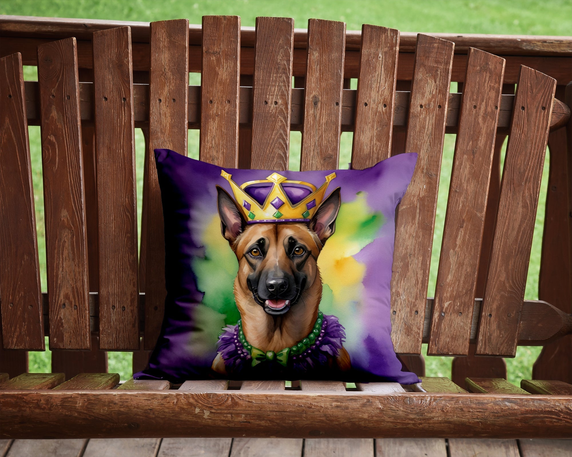 Belgian Malinois King of Mardi Gras Decorative Throw Pillow 14x14 Indoor Outdoor Accent Cushion, Fabric Cover with Insert for Sofa, Bed, Porch & Living Room