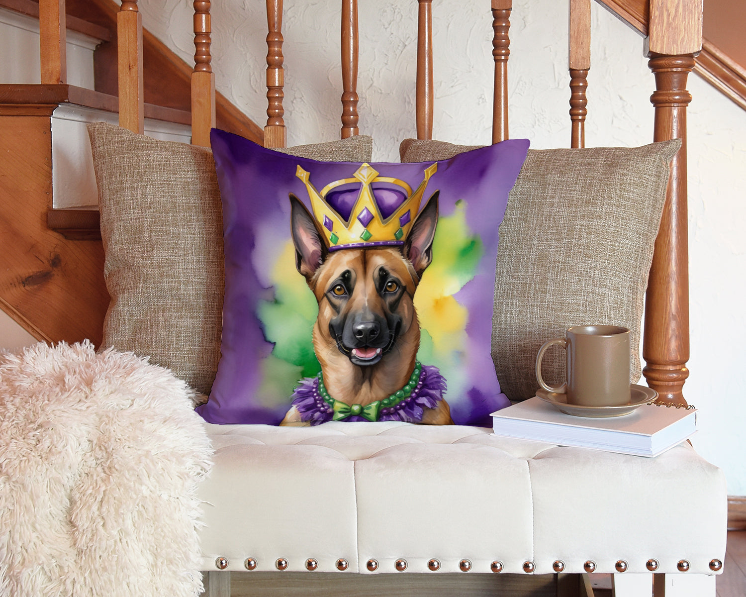 Belgian Malinois King of Mardi Gras Decorative Throw Pillow 14x14 Indoor Outdoor Accent Cushion, Fabric Cover with Insert for Sofa, Bed, Porch & Living Room