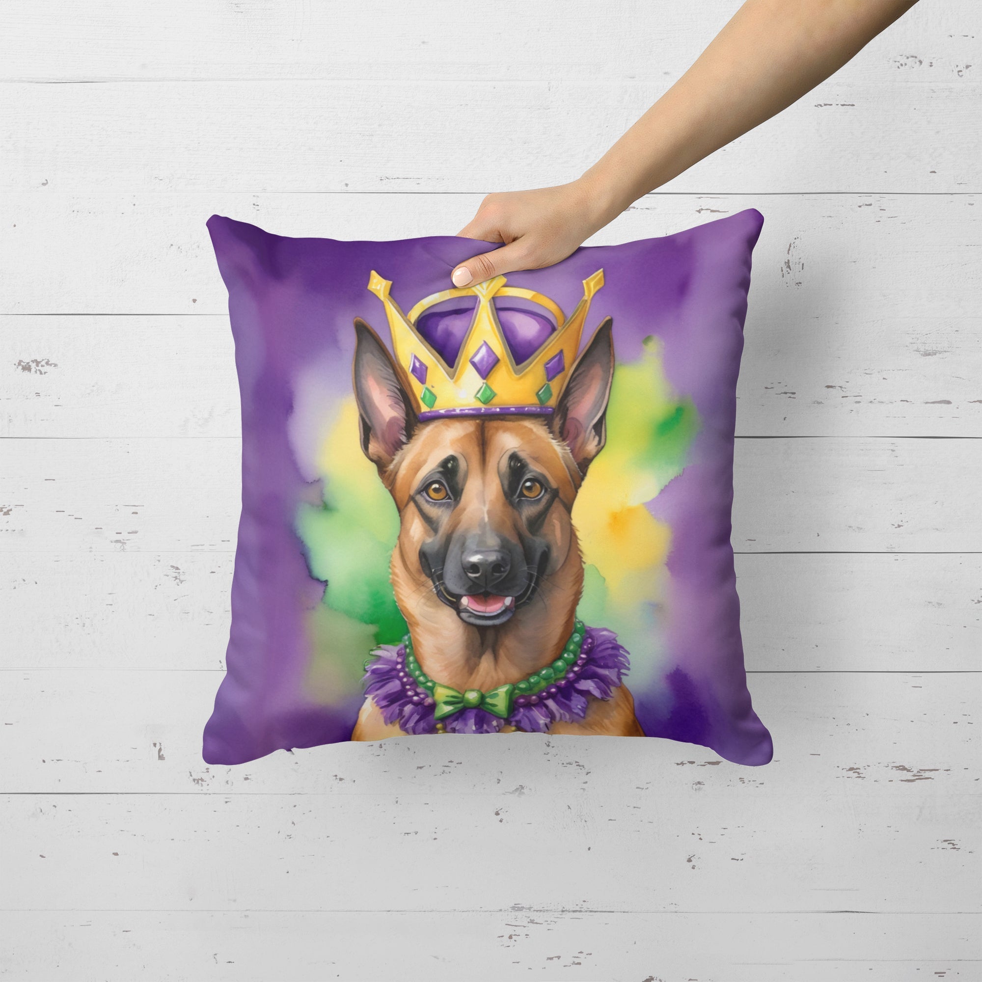 Belgian Malinois King of Mardi Gras Decorative Throw Pillow 18x18 Indoor Outdoor Accent Cushion, Fabric Cover with Insert for Sofa, Bed, Porch & Living Room