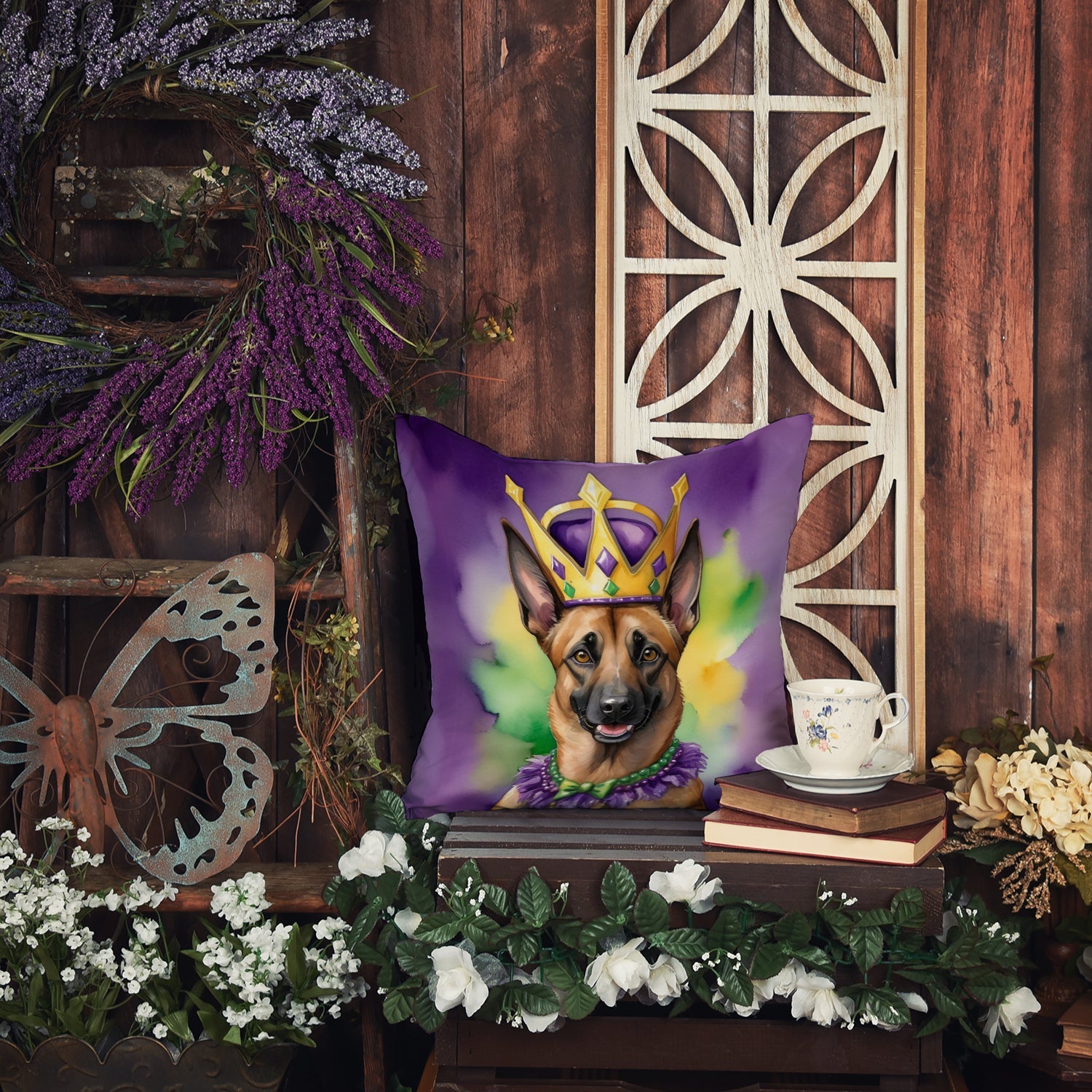 Belgian Malinois King of Mardi Gras Decorative Throw Pillow 18x18 Indoor Outdoor Accent Cushion, Fabric Cover with Insert for Sofa, Bed, Porch & Living Room