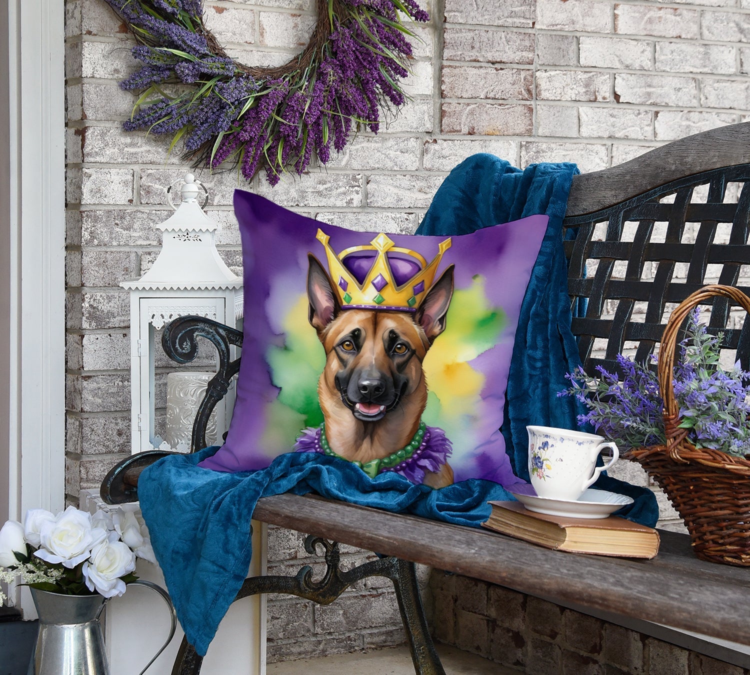 Belgian Malinois King of Mardi Gras Decorative Throw Pillow 18x18 Indoor Outdoor Accent Cushion, Fabric Cover with Insert for Sofa, Bed, Porch & Living Room