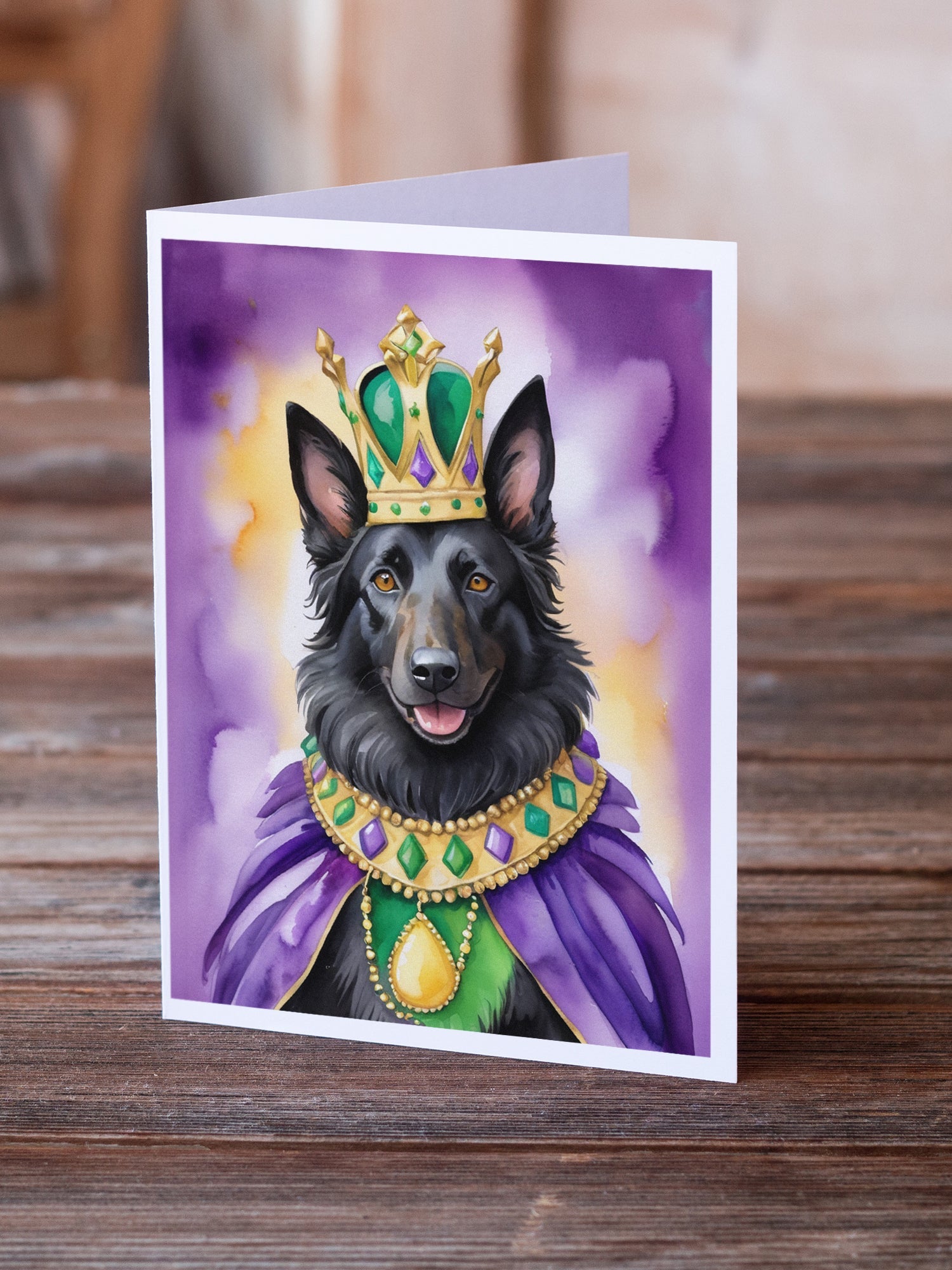 Belgian Sheepdog King of Mardi Gras Greeting Cards Pack of 8 Blank Cards with Envelopes Whimsical A7 Size 5x7