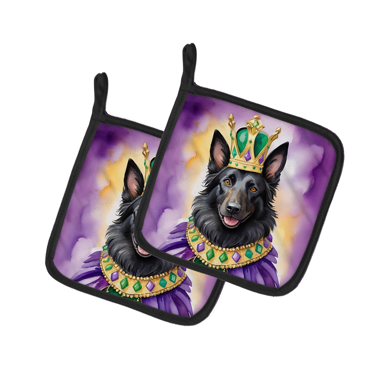Belgian Sheepdog King of Mardi Gras Pot Holder Set of 2 Heat Resistant Quilted Hot Pads 7.5 x 7.5 Inch, Insulated Kitchen Trivets for Cooking & Baking