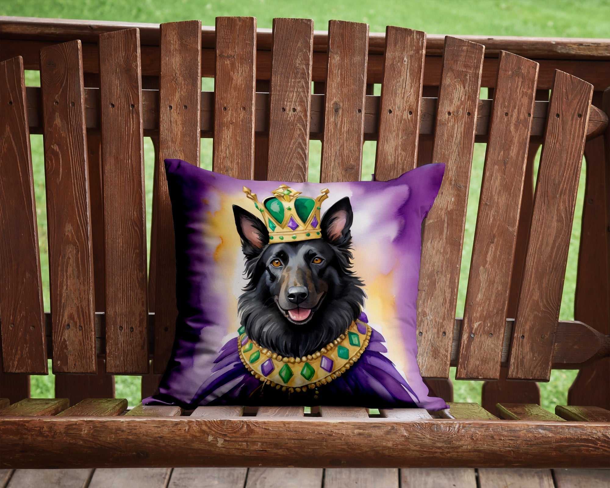 Belgian Sheepdog King of Mardi Gras Decorative Throw Pillow 14x14 Indoor Outdoor Accent Cushion, Fabric Cover with Insert for Sofa, Bed, Porch & Living Room