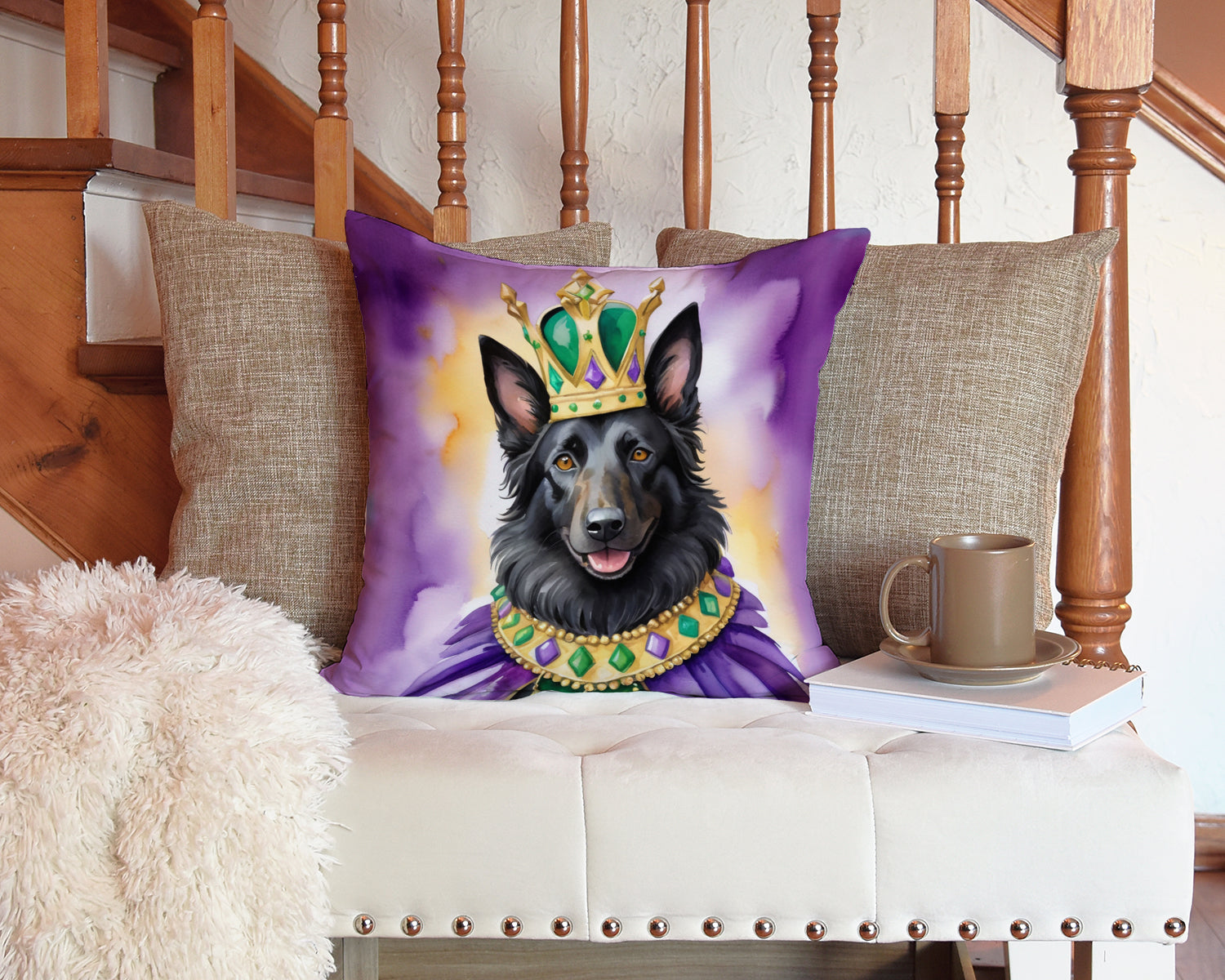 Belgian Sheepdog King of Mardi Gras Decorative Throw Pillow 14x14 Indoor Outdoor Accent Cushion, Fabric Cover with Insert for Sofa, Bed, Porch & Living Room