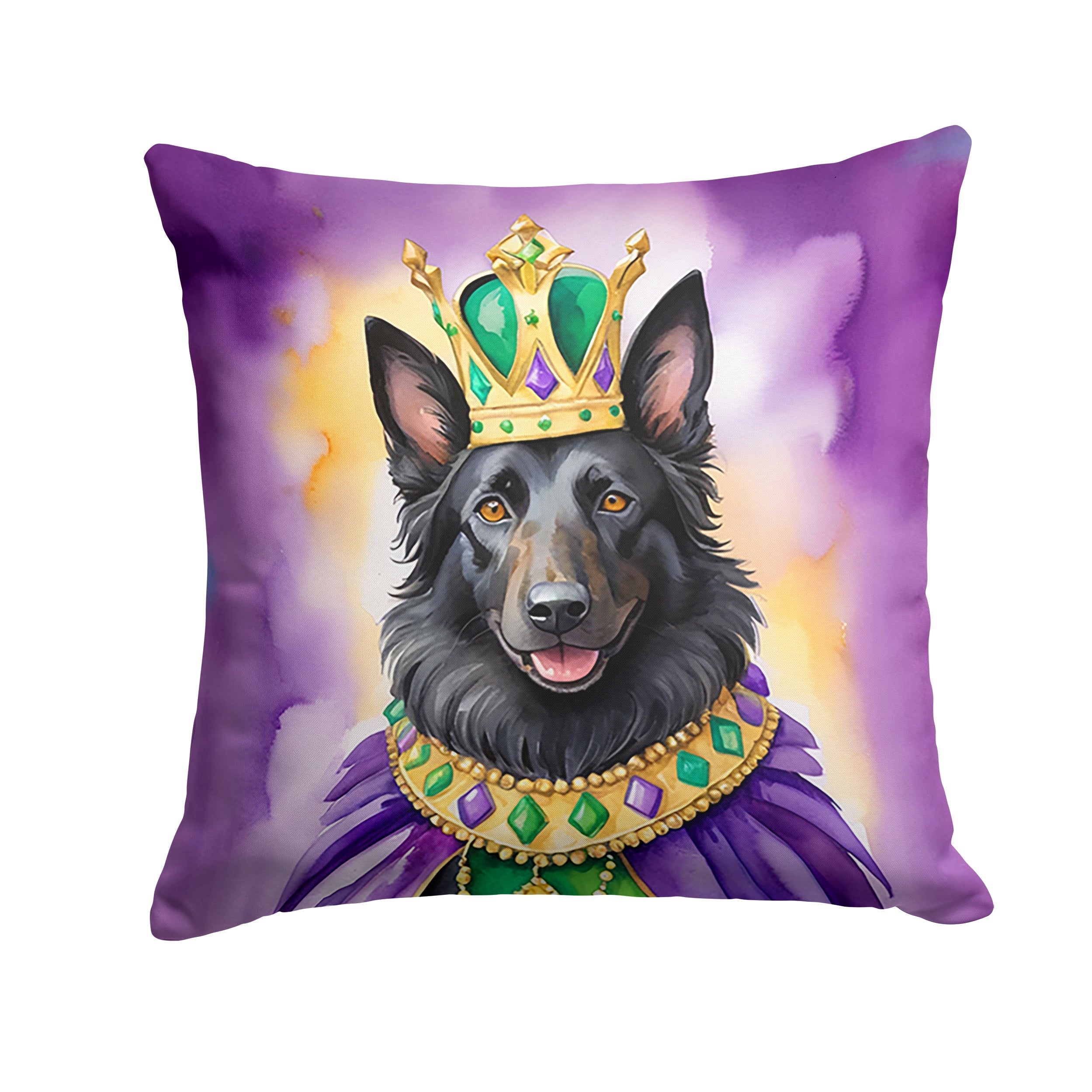 Belgian Sheepdog King of Mardi Gras Decorative Throw Pillow 18x18 Indoor Outdoor Accent Cushion, Fabric Cover with Insert for Sofa, Bed, Porch & Living Room