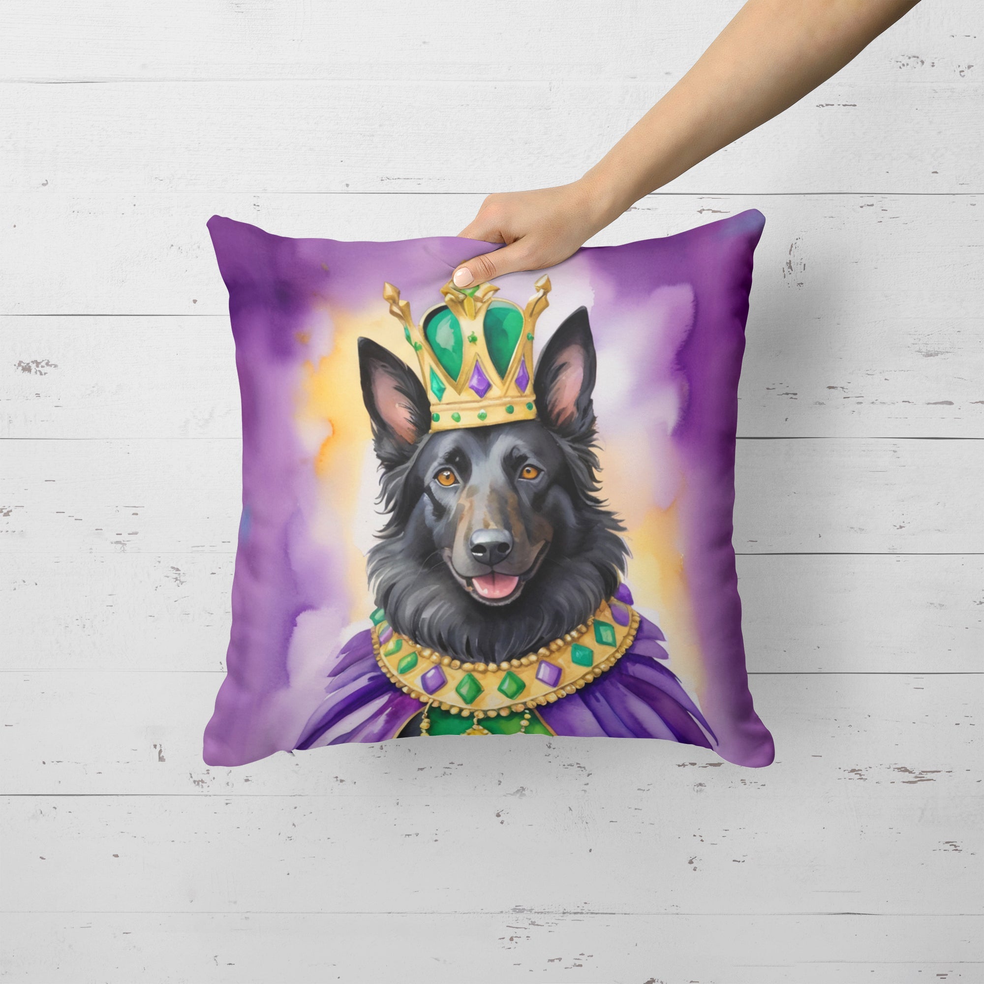 Belgian Sheepdog King of Mardi Gras Decorative Throw Pillow 18x18 Indoor Outdoor Accent Cushion, Fabric Cover with Insert for Sofa, Bed, Porch & Living Room