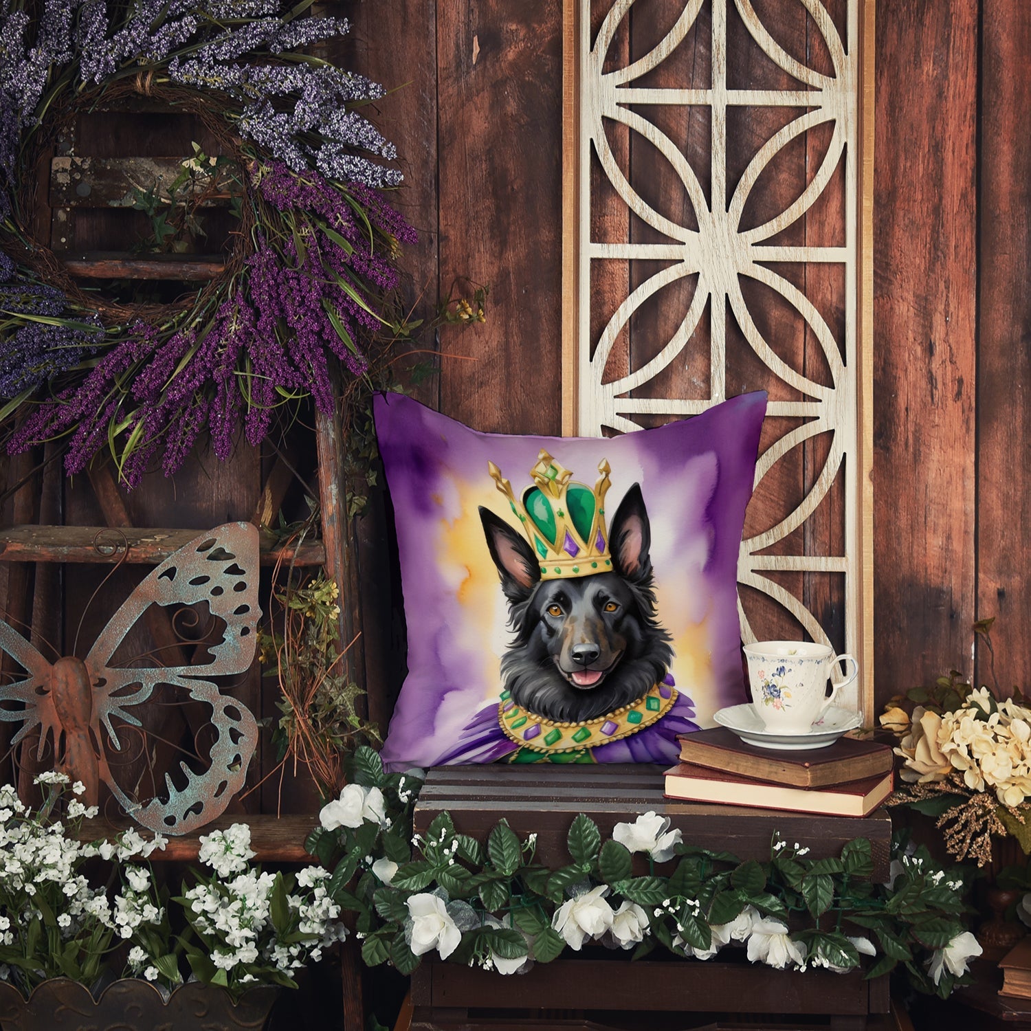 Belgian Sheepdog King of Mardi Gras Decorative Throw Pillow 18x18 Indoor Outdoor Accent Cushion, Fabric Cover with Insert for Sofa, Bed, Porch & Living Room