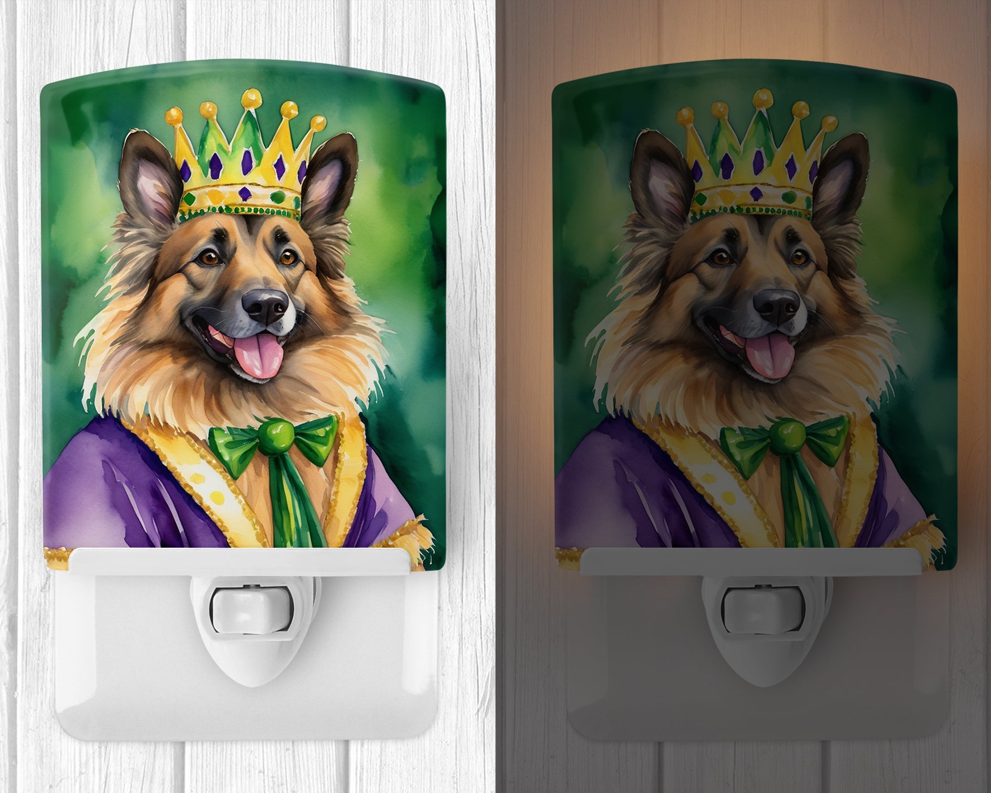 Belgian Tervuren King of Mardi Gras Ceramic Night Light Compact, UL-Certified, Ideal for Bedroom, Bathroom, Nursery, Hallway, Kitchen, 6x4x3, Multicolor