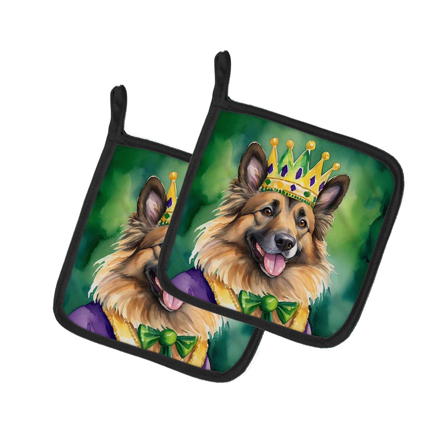 Belgian Tervuren King of Mardi Gras Pot Holder Set of 2 Heat Resistant Quilted Hot Pads 7.5 x 7.5 Inch, Insulated Kitchen Trivets for Cooking & Baking