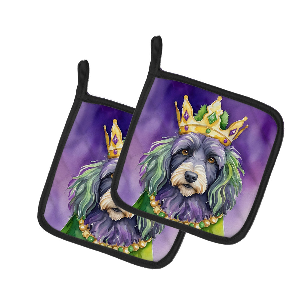 Bergamasco Sheepdog King of Mardi Gras Pot Holder Set of 2 Heat Resistant Quilted Hot Pads 7.5 x 7.5 Inch, Insulated Kitchen Trivets for Cooking & Baking