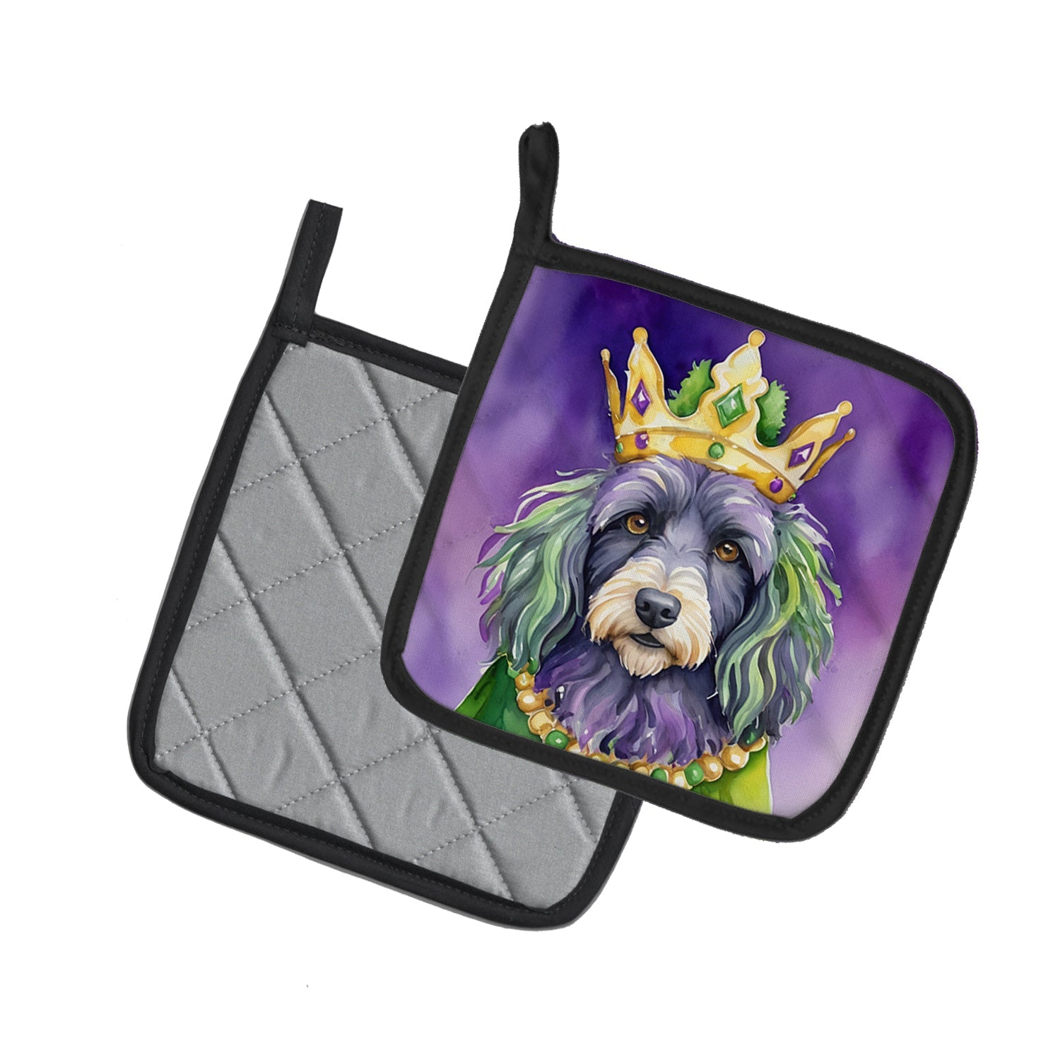 Bergamasco Sheepdog King of Mardi Gras Pot Holder Set of 2 Heat Resistant Quilted Hot Pads 7.5 x 7.5 Inch, Insulated Kitchen Trivets for Cooking & Baking