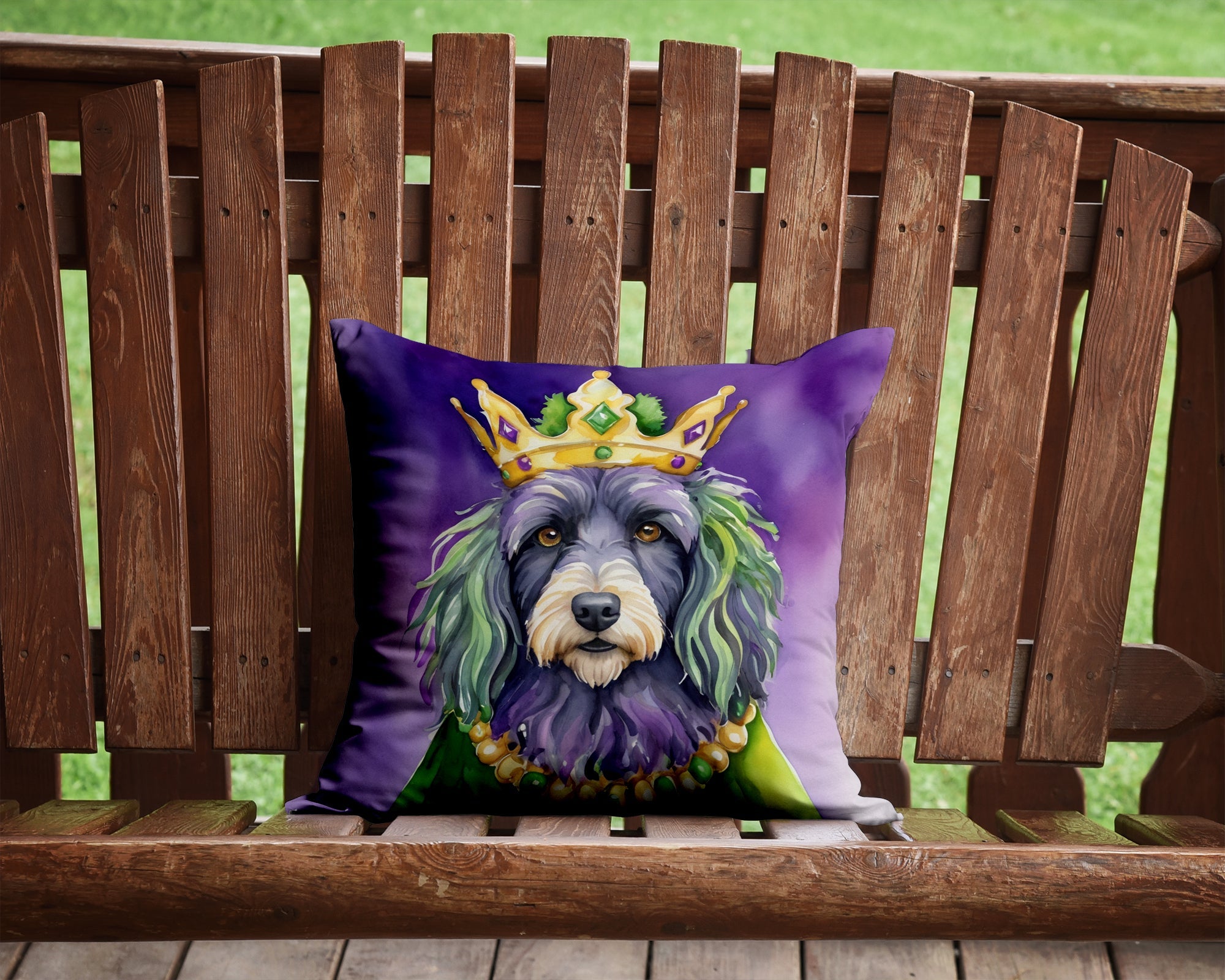 Bergamasco Sheepdog King of Mardi Gras Decorative Throw Pillow 14x14 Indoor Outdoor Accent Cushion, Fabric Cover with Insert for Sofa, Bed, Porch & Living Room