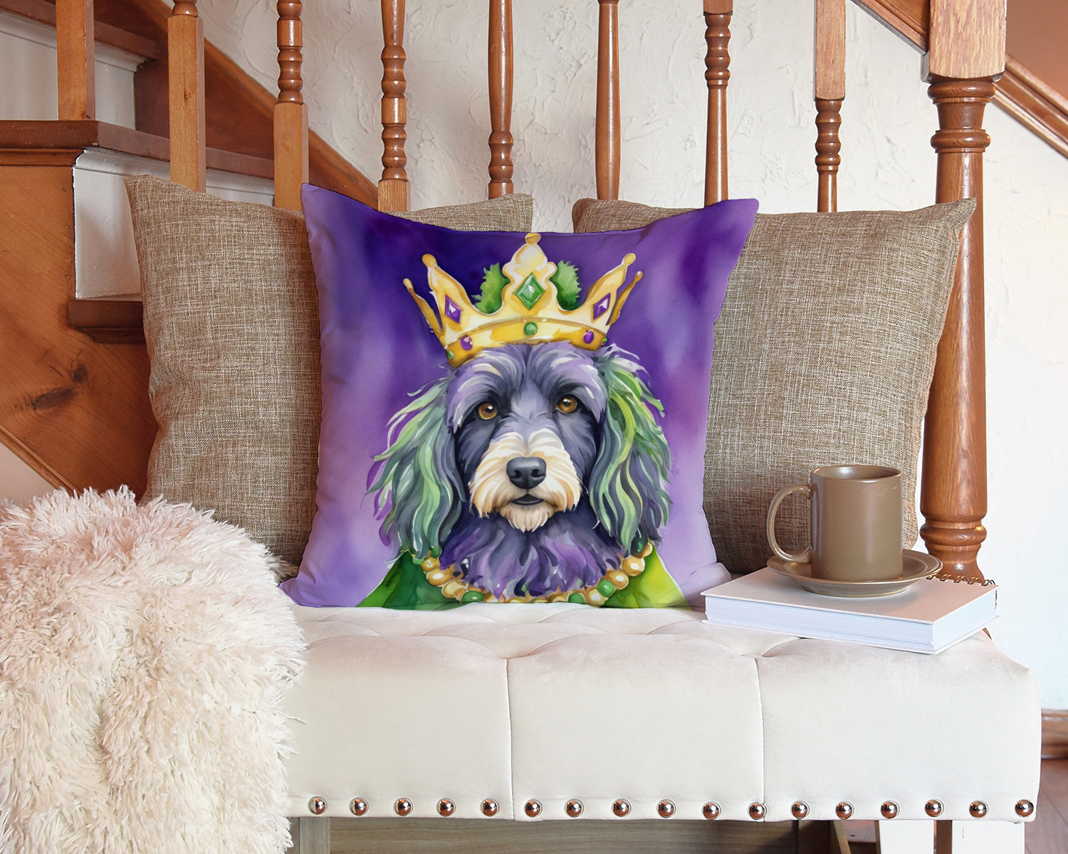 Bergamasco Sheepdog King of Mardi Gras Decorative Throw Pillow 14x14 Indoor Outdoor Accent Cushion, Fabric Cover with Insert for Sofa, Bed, Porch & Living Room