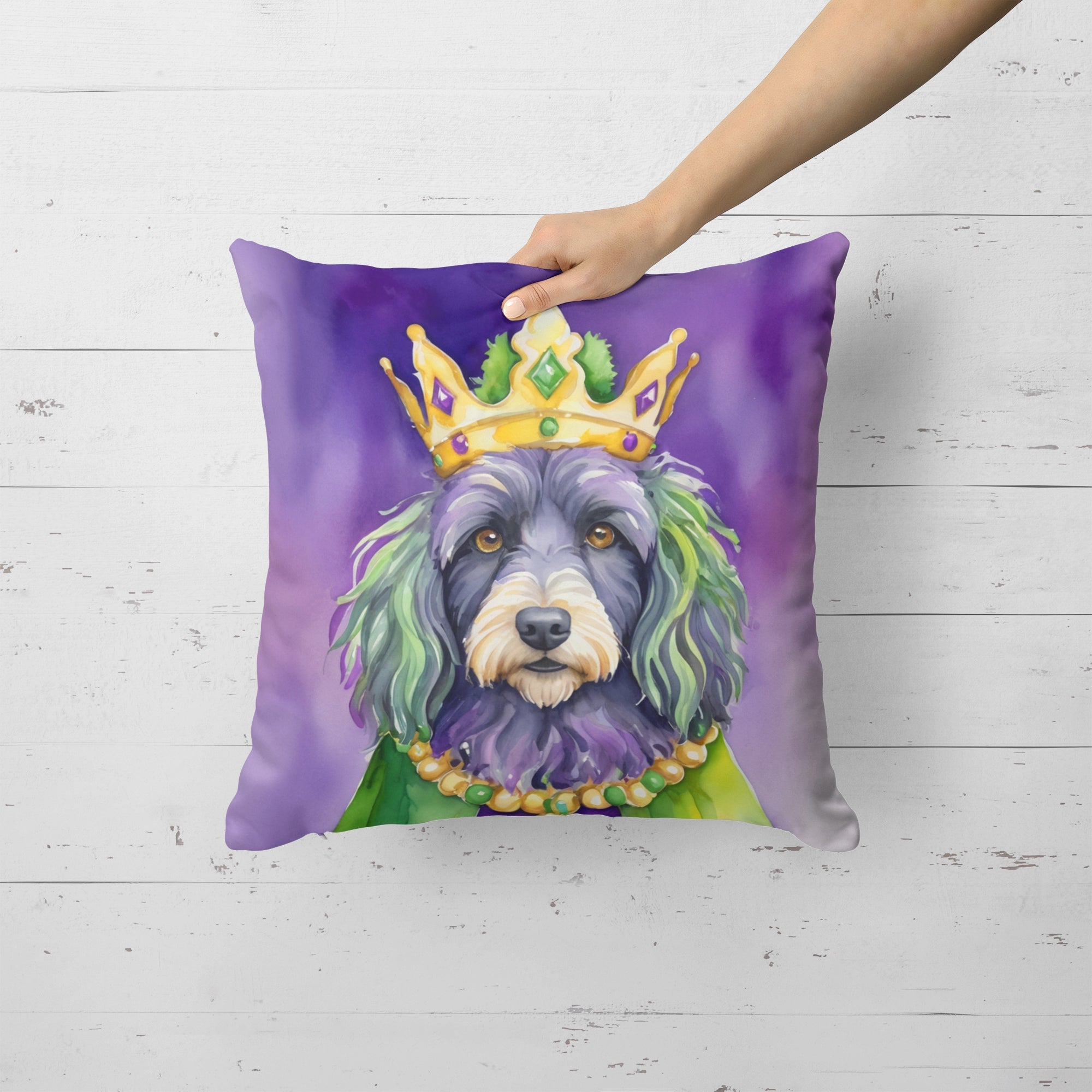 Bergamasco Sheepdog King of Mardi Gras Decorative Throw Pillow 18x18 Indoor Outdoor Accent Cushion, Fabric Cover with Insert for Sofa, Bed, Porch & Living Room