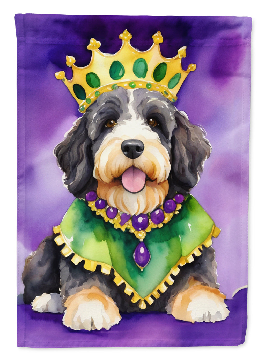 Bernedoodle King of Mardi Gras House Flag 28x40 Porch Sleeve Pole Decorative Outside Yard Banner Artwork Wall Hanging, Polyester