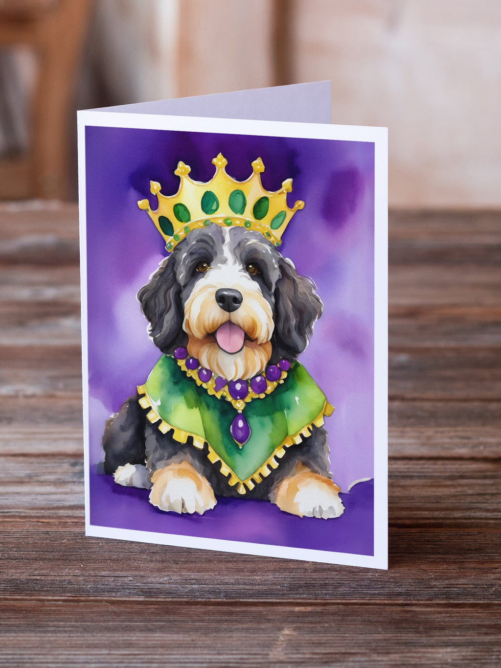 Bernedoodle King of Mardi Gras Greeting Cards Pack of 8 Blank Cards with Envelopes Whimsical A7 Size 5x7