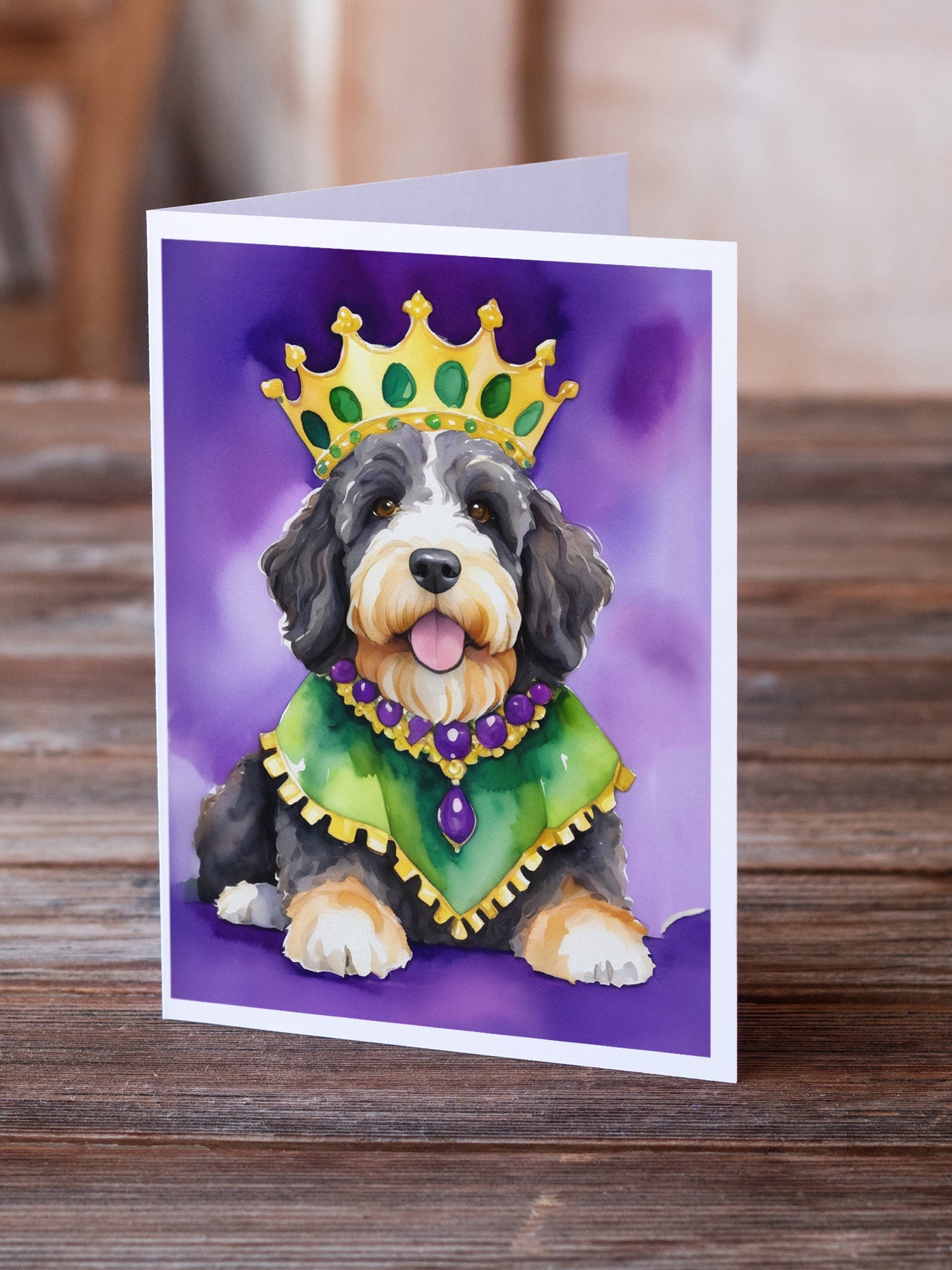 Bernedoodle King of Mardi Gras Greeting Cards Pack of 8 Blank Cards with Envelopes Whimsical A7 Size 5x7