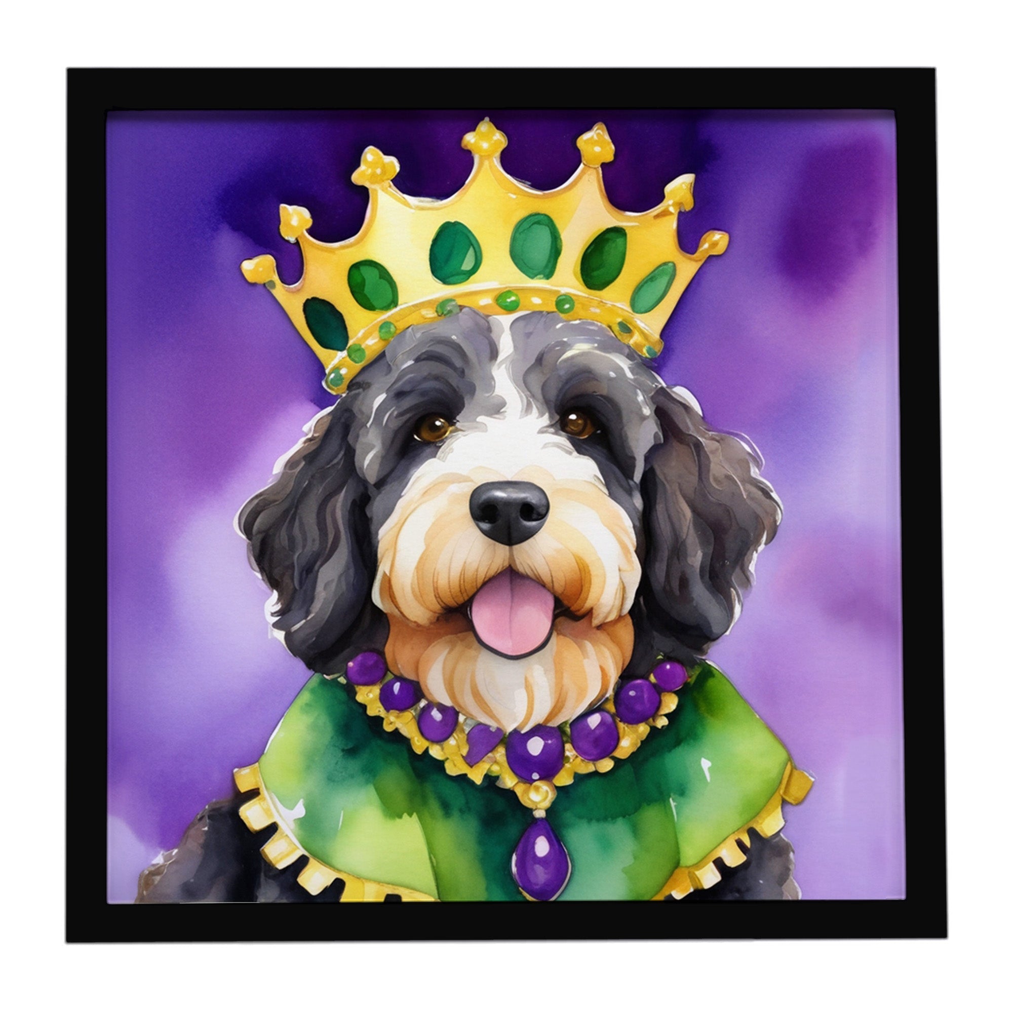 Bernedoodle King of Mardi Gras Framed Metal Print Bathroom, Kitchen, Office, Home Decor Wall Art Ready to Hang, Square, 8X8