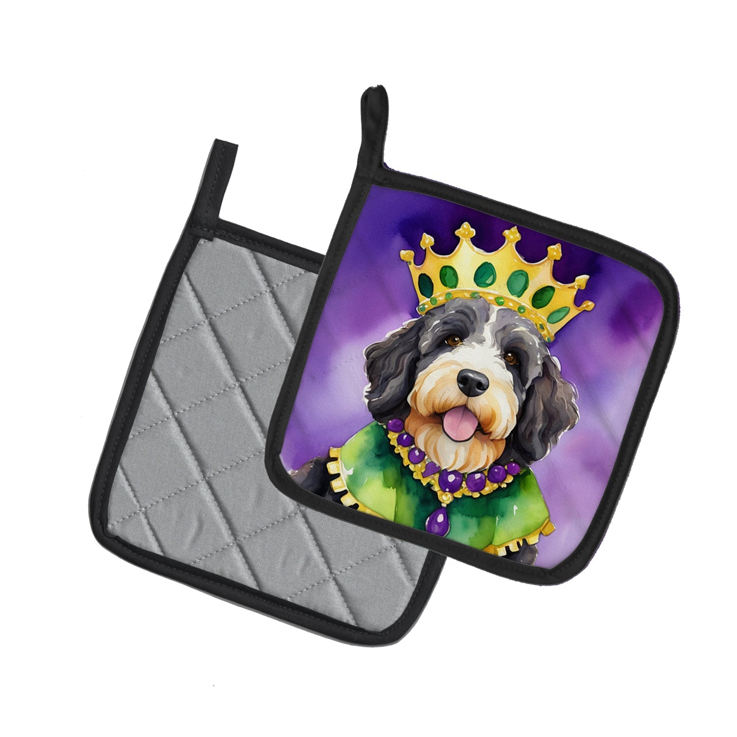 Bernedoodle King of Mardi Gras Pot Holder Set of 2 Heat Resistant Quilted Hot Pads 7.5 x 7.5 Inch, Insulated Kitchen Trivets for Cooking & Baking