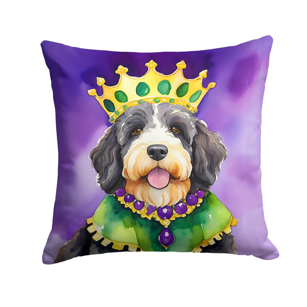 Bernedoodle King of Mardi Gras Decorative Throw Pillow 14x14 Indoor Outdoor Accent Cushion, Fabric Cover with Insert for Sofa, Bed, Porch & Living Room