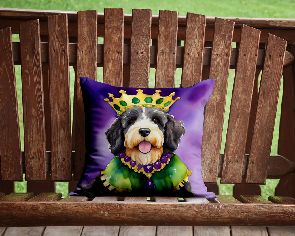 Bernedoodle King of Mardi Gras Decorative Throw Pillow 14x14 Indoor Outdoor Accent Cushion, Fabric Cover with Insert for Sofa, Bed, Porch & Living Room