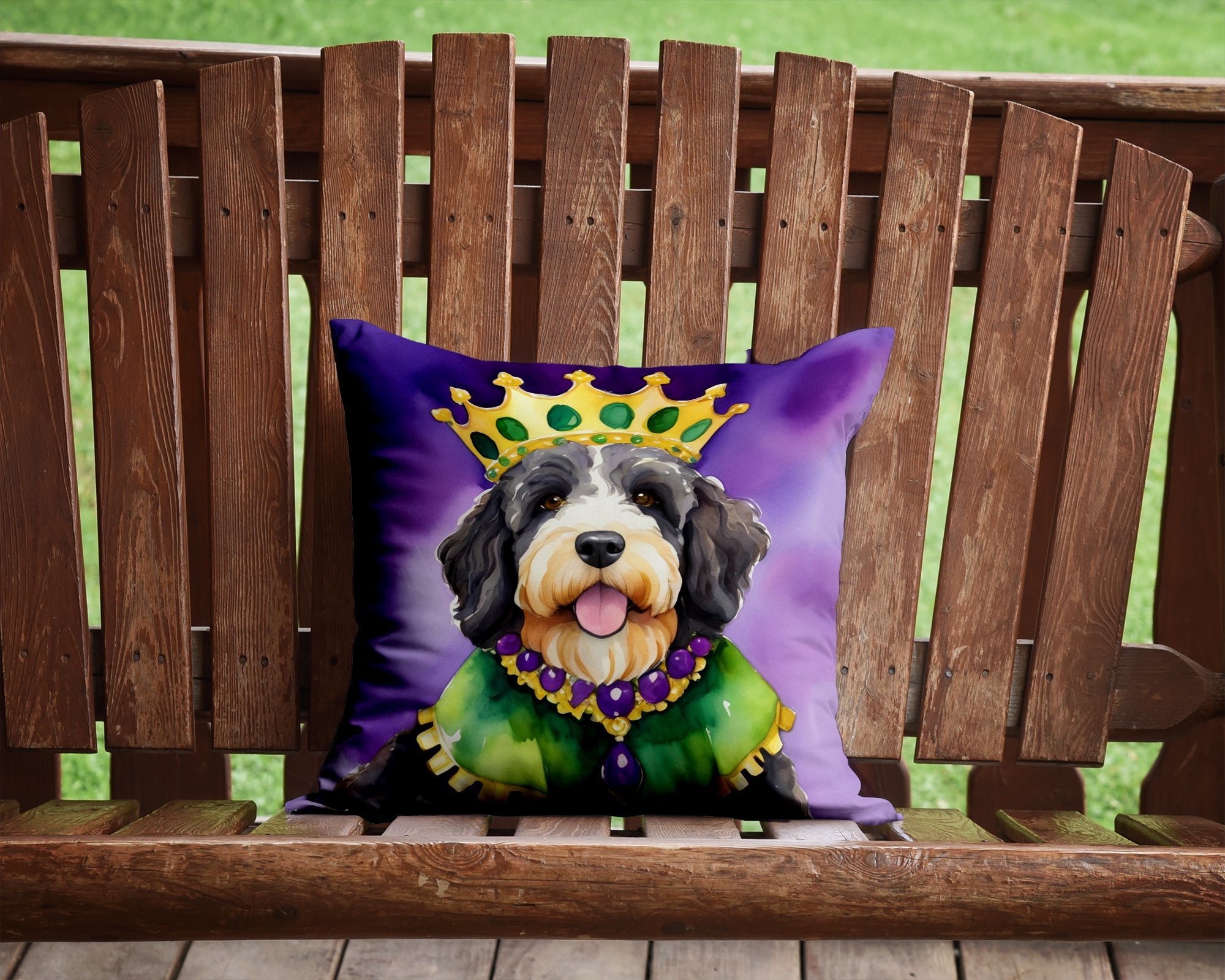 Bernedoodle King of Mardi Gras Decorative Throw Pillow 14x14 Indoor Outdoor Accent Cushion, Fabric Cover with Insert for Sofa, Bed, Porch & Living Room