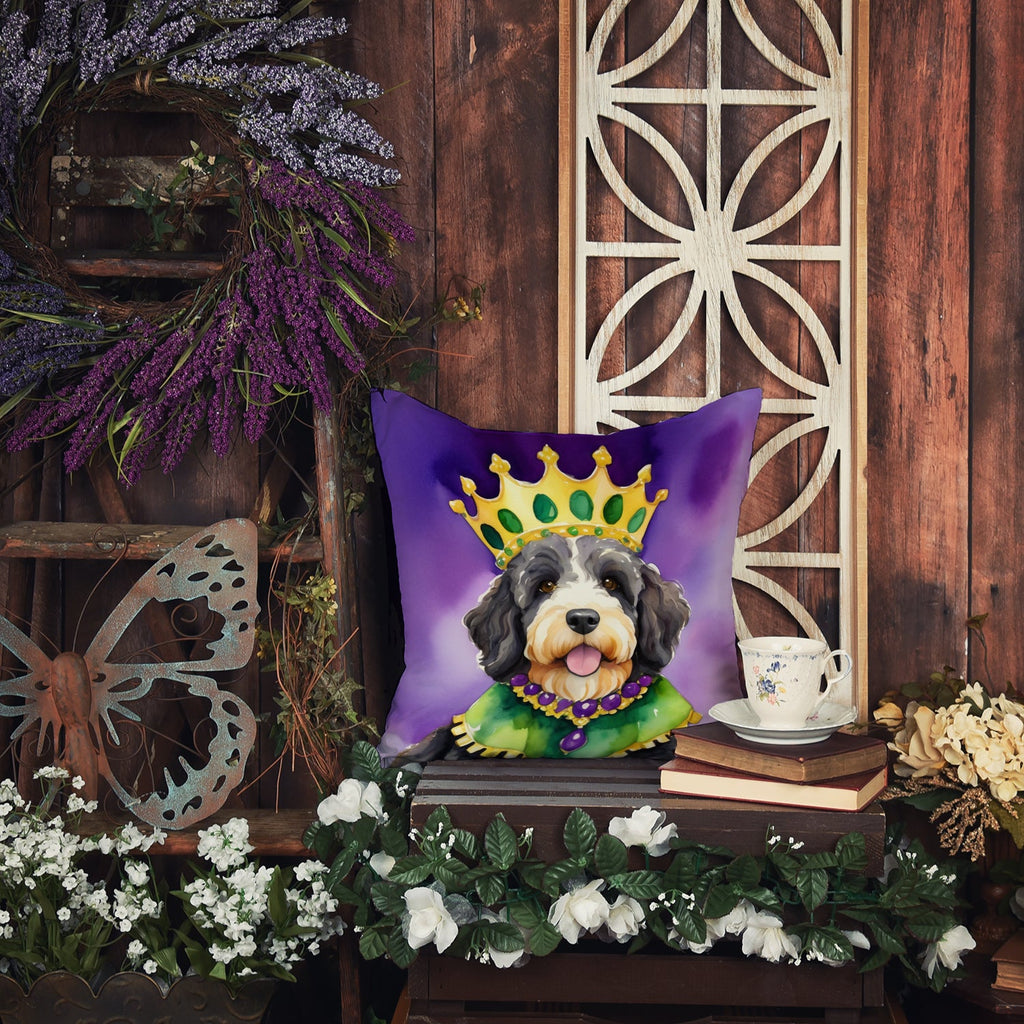 Bernedoodle King of Mardi Gras Decorative Throw Pillow 14x14 Indoor Outdoor Accent Cushion, Fabric Cover with Insert for Sofa, Bed, Porch & Living Room