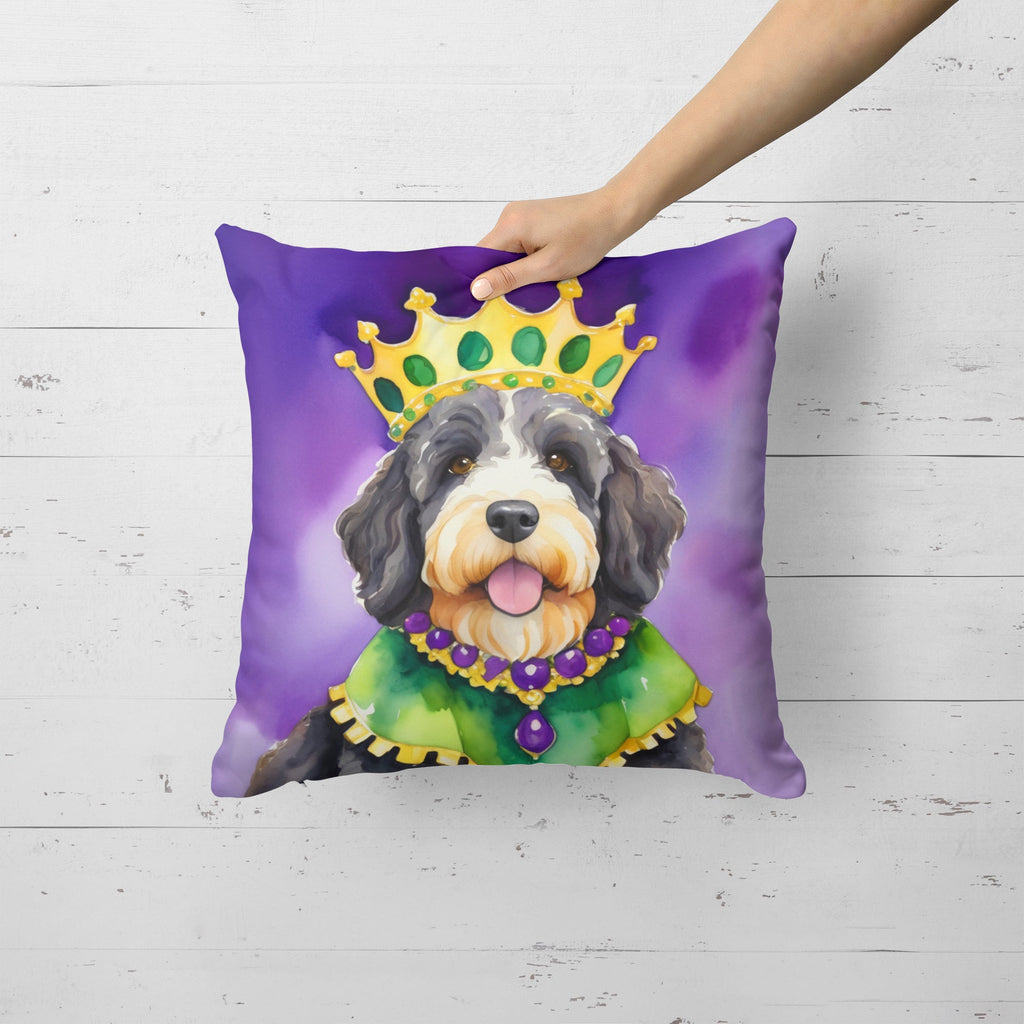 Bernedoodle King of Mardi Gras Decorative Throw Pillow 18x18 Indoor Outdoor Accent Cushion, Fabric Cover with Insert for Sofa, Bed, Porch & Living Room