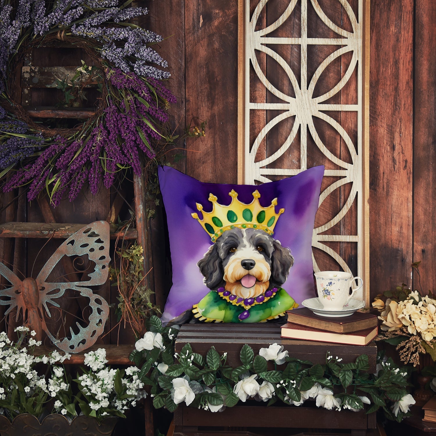 Bernedoodle King of Mardi Gras Decorative Throw Pillow 18x18 Indoor Outdoor Accent Cushion, Fabric Cover with Insert for Sofa, Bed, Porch & Living Room