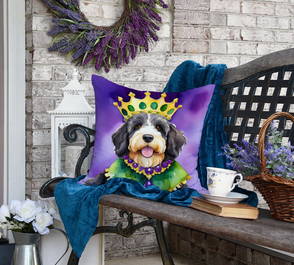 Bernedoodle King of Mardi Gras Decorative Throw Pillow 18x18 Indoor Outdoor Accent Cushion, Fabric Cover with Insert for Sofa, Bed, Porch & Living Room