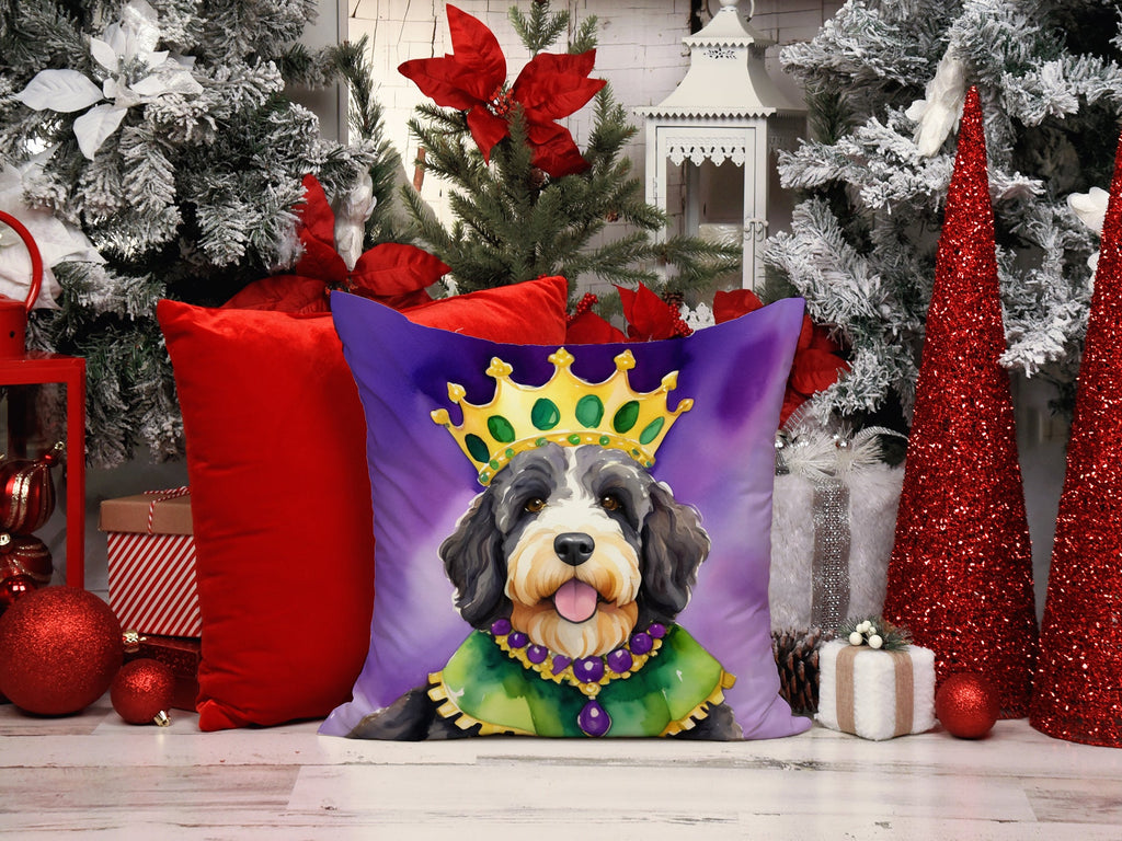 Bernedoodle King of Mardi Gras Decorative Throw Pillow 18x18 Indoor Outdoor Accent Cushion, Fabric Cover with Insert for Sofa, Bed, Porch & Living Room