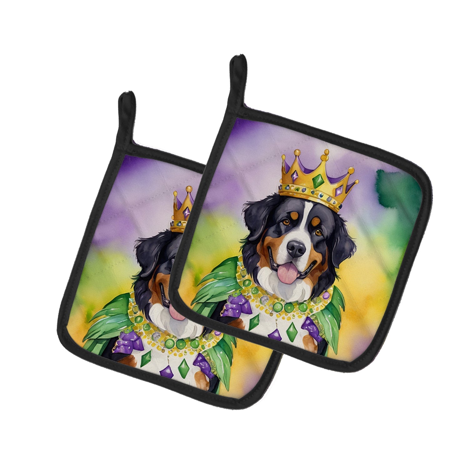 Bernese Mountain Dog King of Mardi Gras Pot Holder Set of 2 Heat Resistant Quilted Hot Pads 7.5 x 7.5 Inch, Insulated Kitchen Trivets for Cooking & Baking