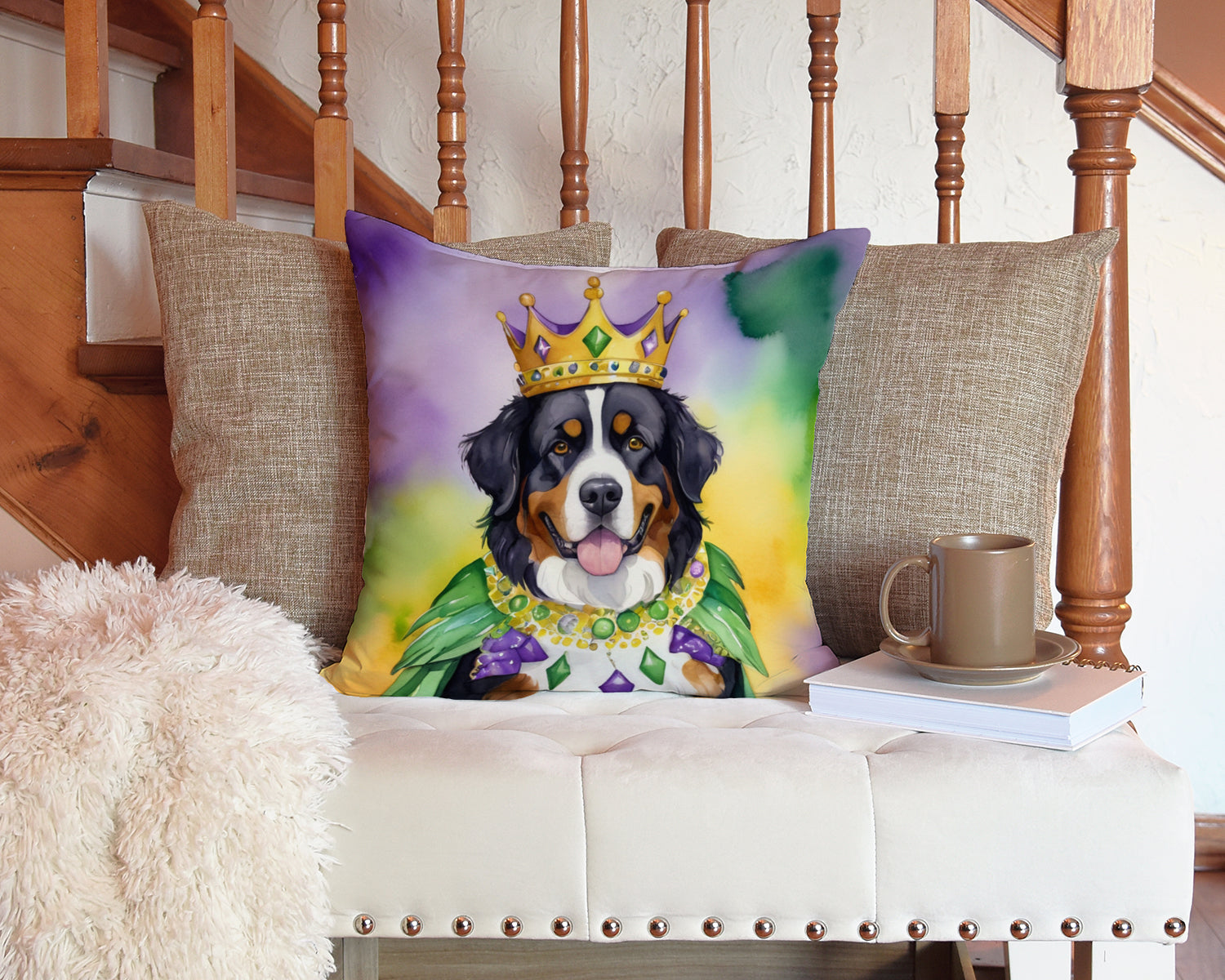 Bernese Mountain Dog King of Mardi Gras Decorative Throw Pillow 14x14 Indoor Outdoor Accent Cushion, Fabric Cover with Insert for Sofa, Bed, Porch & Living Room