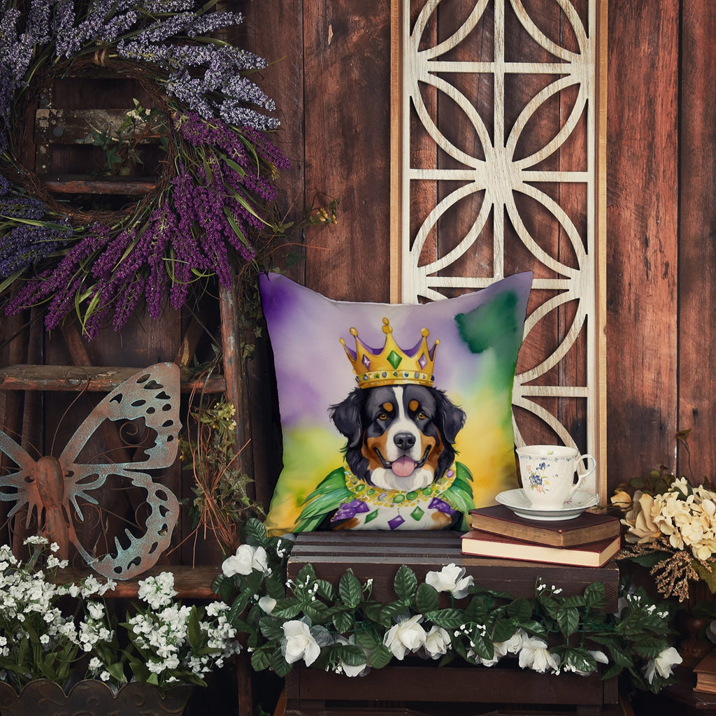 Bernese Mountain Dog King of Mardi Gras Decorative Throw Pillow 14x14 Indoor Outdoor Accent Cushion, Fabric Cover with Insert for Sofa, Bed, Porch & Living Room