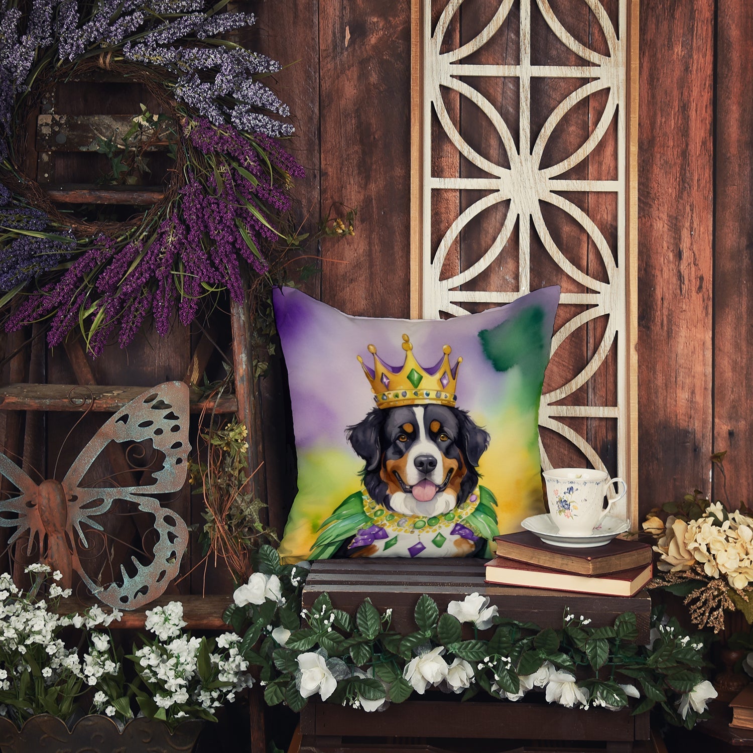 Bernese Mountain Dog King of Mardi Gras Decorative Throw Pillow 14x14 Indoor Outdoor Accent Cushion, Fabric Cover with Insert for Sofa, Bed, Porch & Living Room