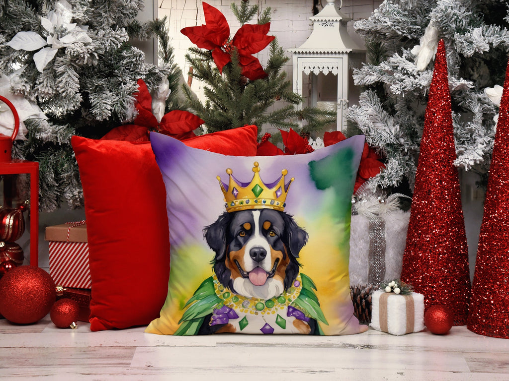 Bernese Mountain Dog King of Mardi Gras Decorative Throw Pillow 14x14 Indoor Outdoor Accent Cushion, Fabric Cover with Insert for Sofa, Bed, Porch & Living Room