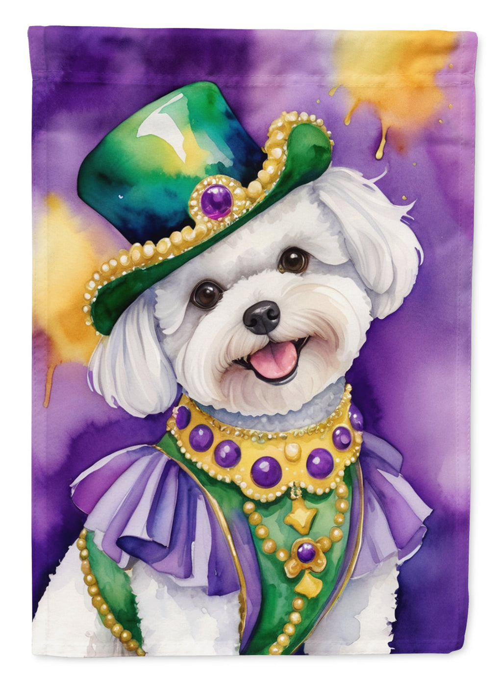 Bichon Frise King of Mardi Gras House Flag 28x40 Porch Sleeve Pole Decorative Outside Yard Banner Artwork Wall Hanging, Polyester