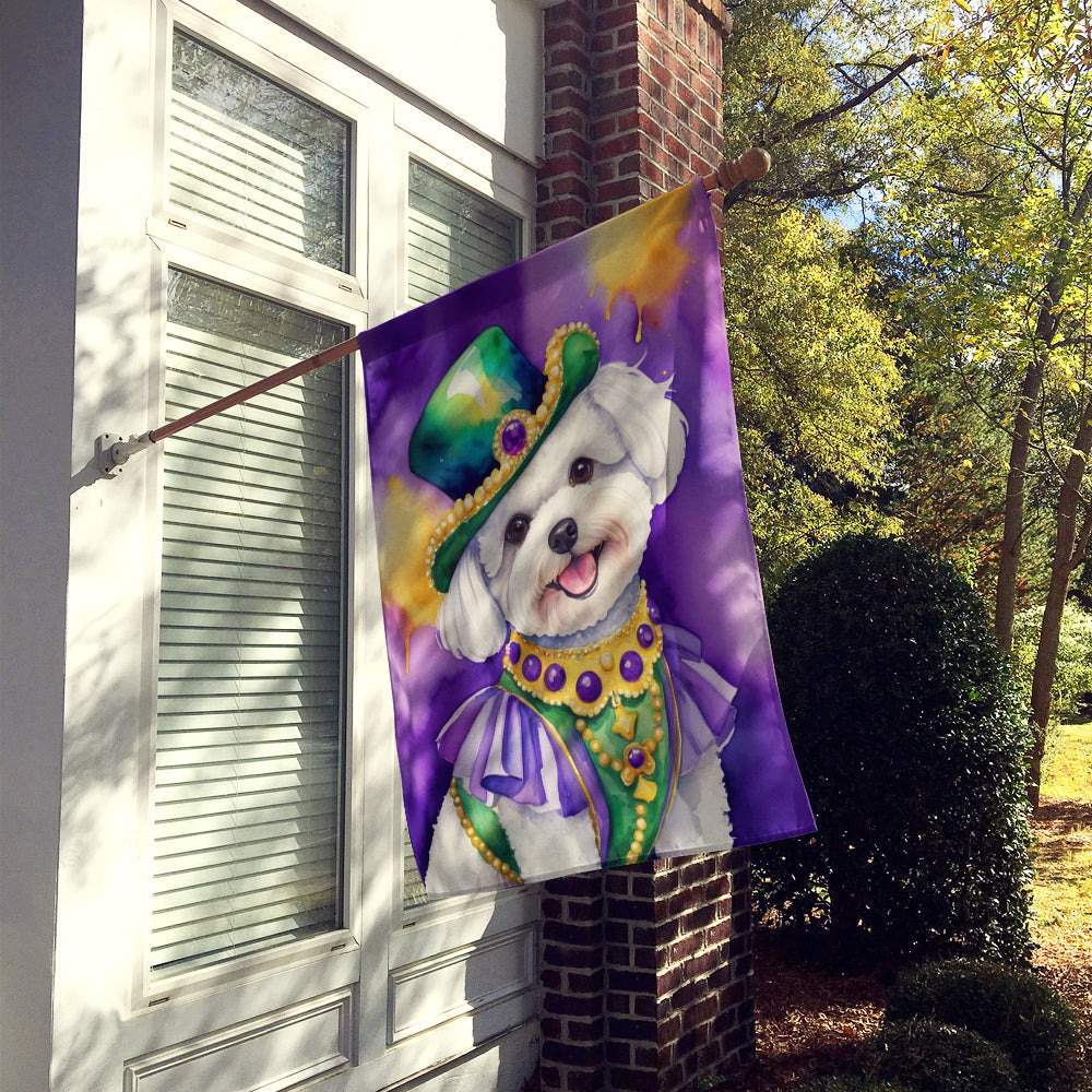 Bichon Frise King of Mardi Gras House Flag 28x40 Porch Sleeve Pole Decorative Outside Yard Banner Artwork Wall Hanging, Polyester