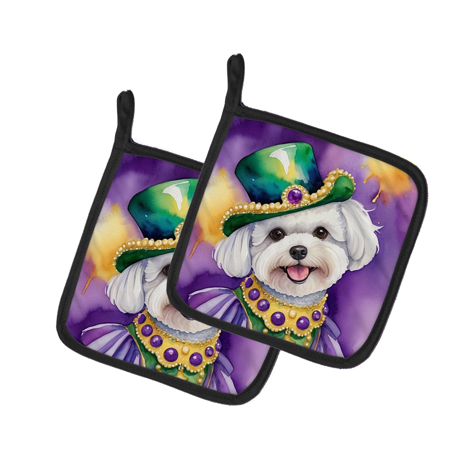 Bichon Frise King of Mardi Gras Pot Holder Set of 2 Heat Resistant Quilted Hot Pads 7.5 x 7.5 Inch, Insulated Kitchen Trivets for Cooking & Baking