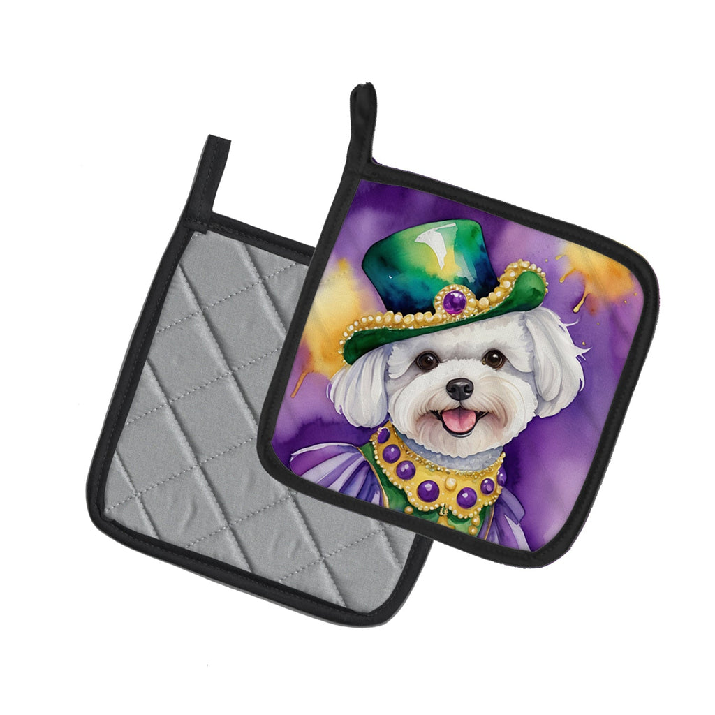 Bichon Frise King of Mardi Gras Pot Holder Set of 2 Heat Resistant Quilted Hot Pads 7.5 x 7.5 Inch, Insulated Kitchen Trivets for Cooking & Baking