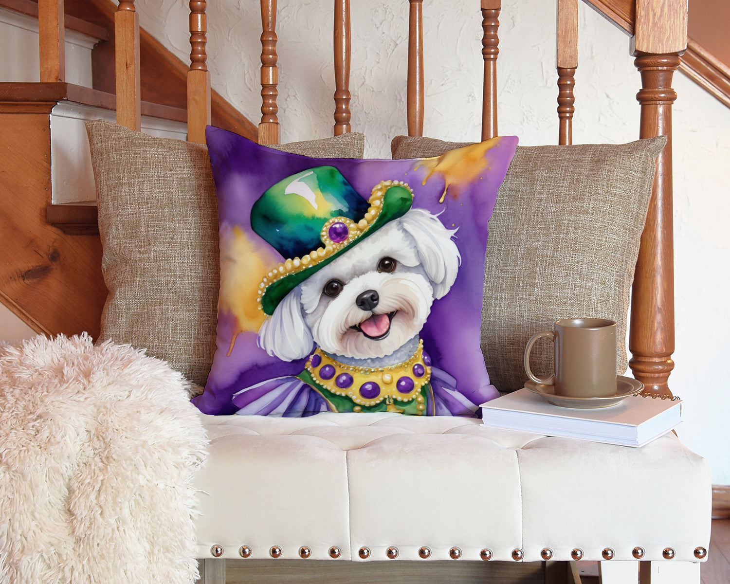 Bichon Frise King of Mardi Gras Decorative Throw Pillow 14x14 Indoor Outdoor Accent Cushion, Fabric Cover with Insert for Sofa, Bed, Porch & Living Room