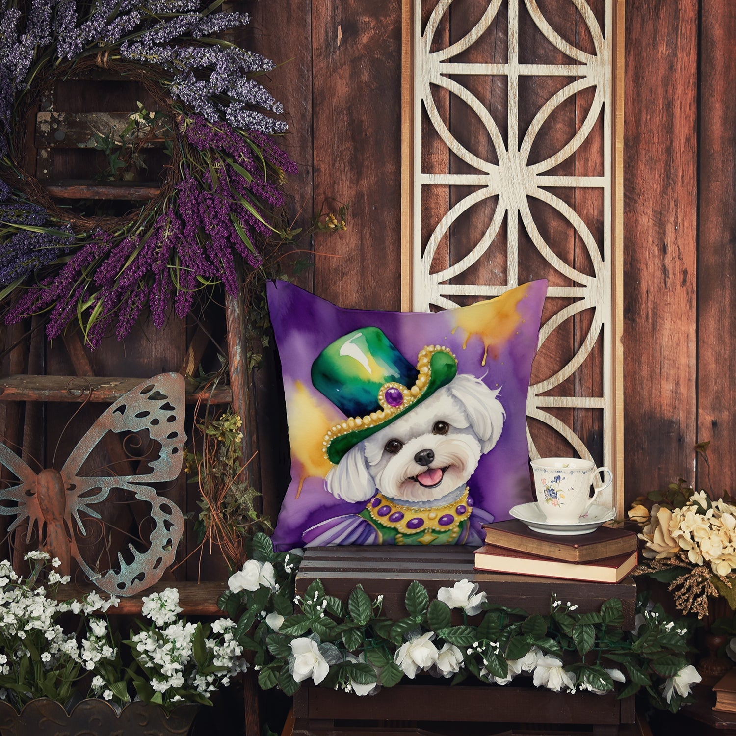 Bichon Frise King of Mardi Gras Decorative Throw Pillow 14x14 Indoor Outdoor Accent Cushion, Fabric Cover with Insert for Sofa, Bed, Porch & Living Room