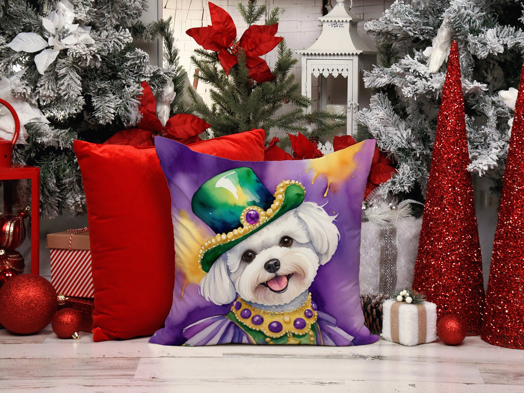 Bichon Frise King of Mardi Gras Decorative Throw Pillow 14x14 Indoor Outdoor Accent Cushion, Fabric Cover with Insert for Sofa, Bed, Porch & Living Room