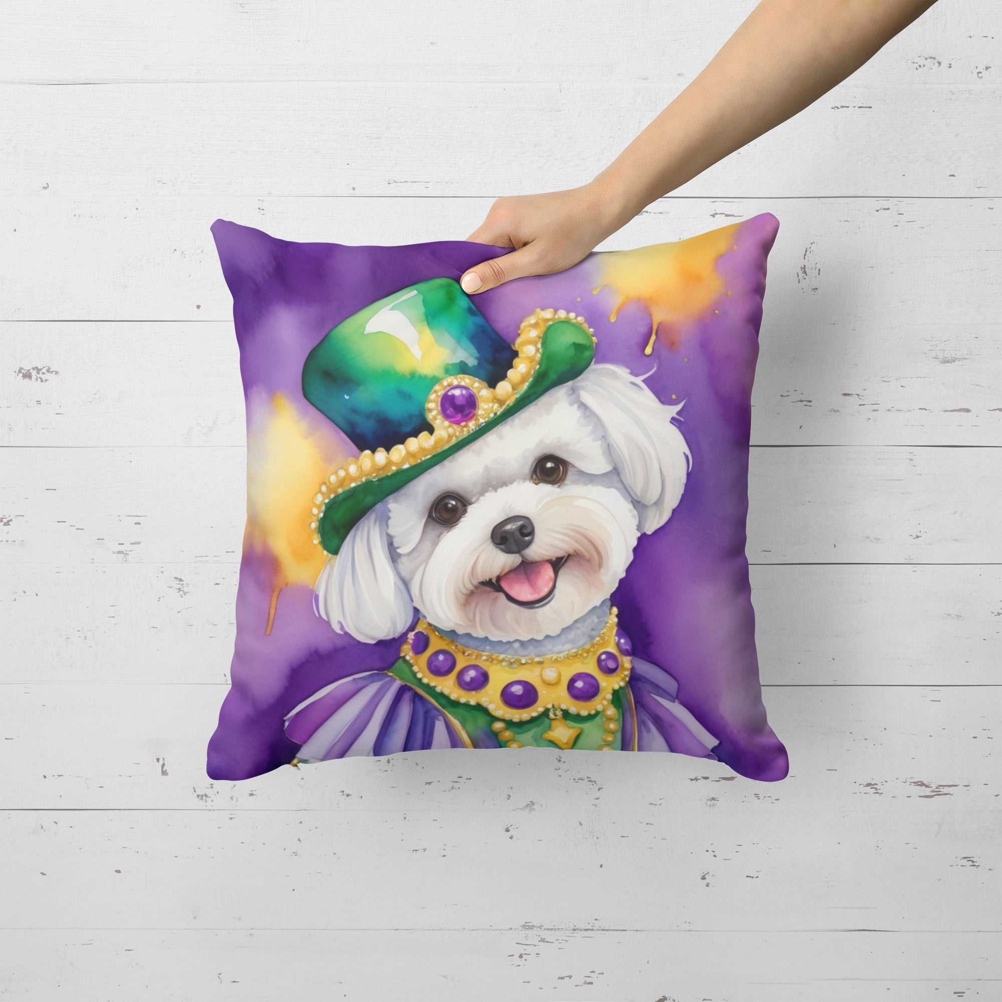 Bichon Frise King of Mardi Gras Decorative Throw Pillow 18x18 Indoor Outdoor Accent Cushion, Fabric Cover with Insert for Sofa, Bed, Porch & Living Room