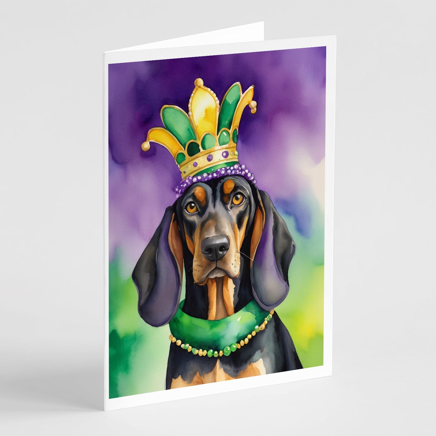 Black and Tan Coonhound King of Mardi Gras Greeting Cards Pack of 8 Blank Cards with Envelopes Whimsical A7 Size 5x7