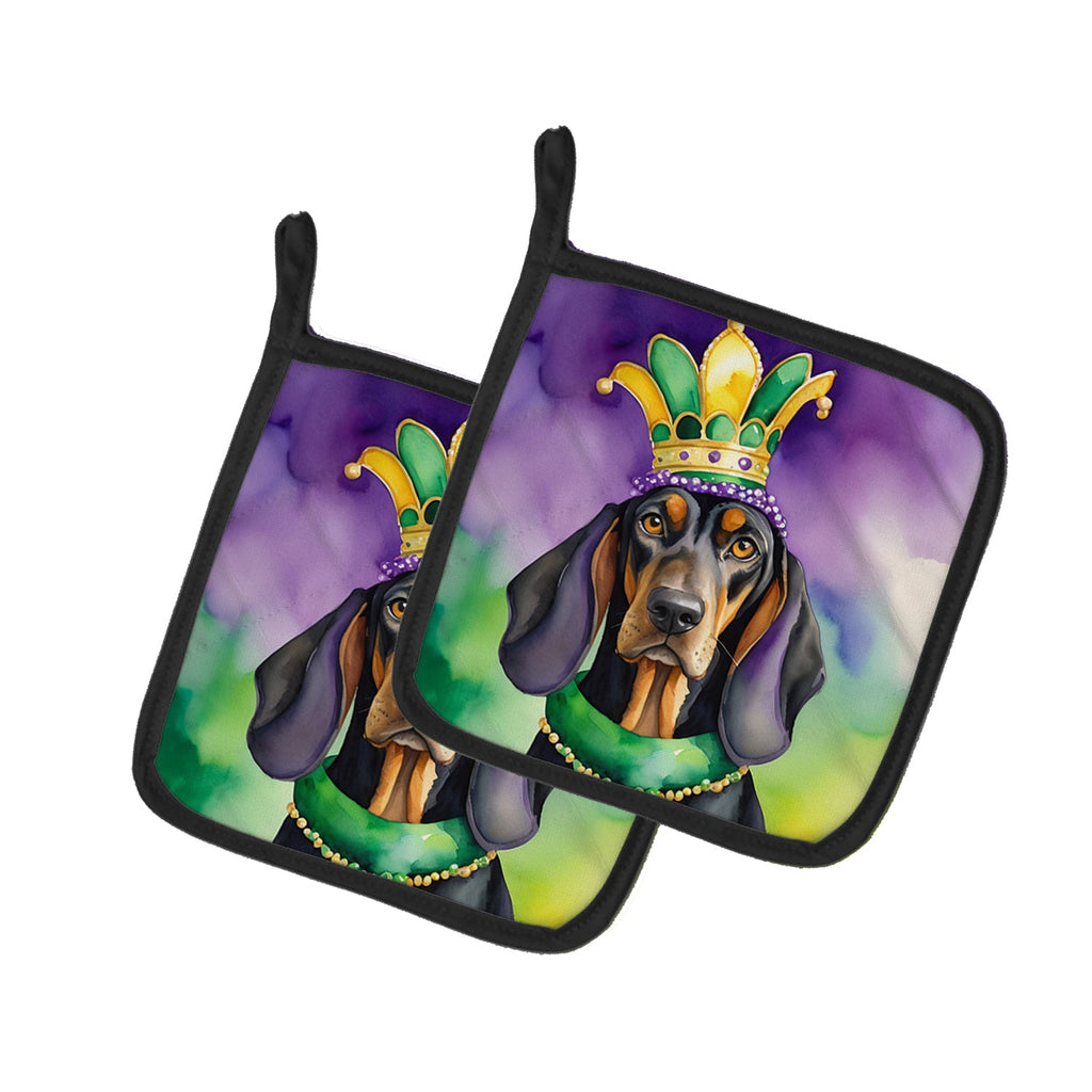 Black and Tan Coonhound King of Mardi Gras Pot Holder Set of 2 Heat Resistant Quilted Hot Pads 7.5 x 7.5 Inch, Insulated Kitchen Trivets for Cooking & Baking